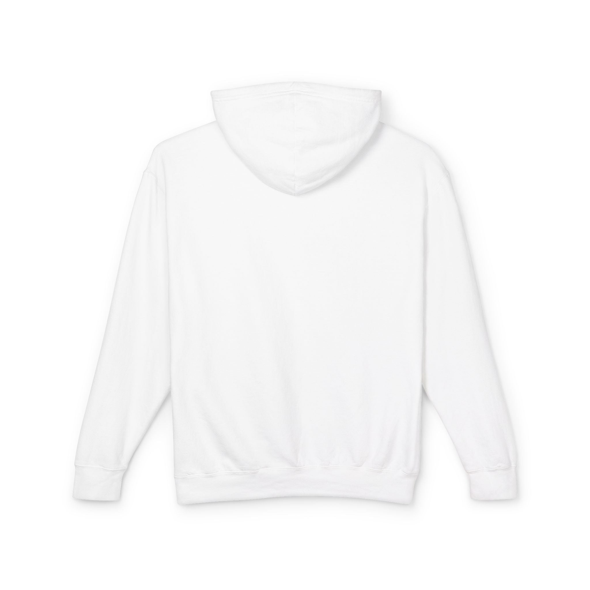 A product shot of the back of a white hoodie.