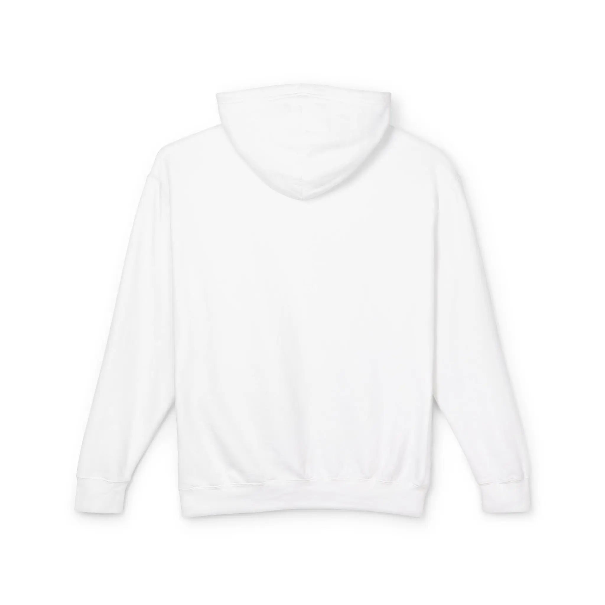 Women's lightweight white hoodie shown from the back 100% cotton.