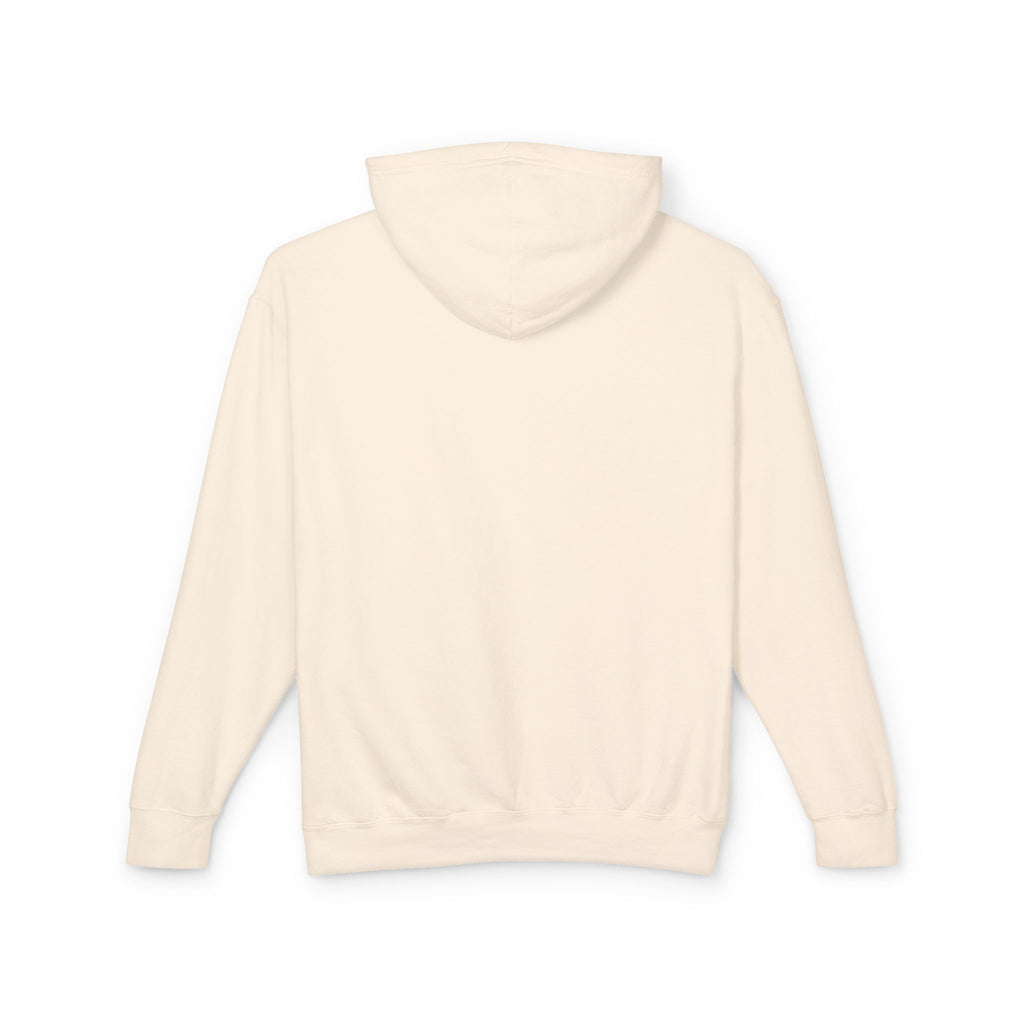 A product shot of the back of a white hoodie in ivory.