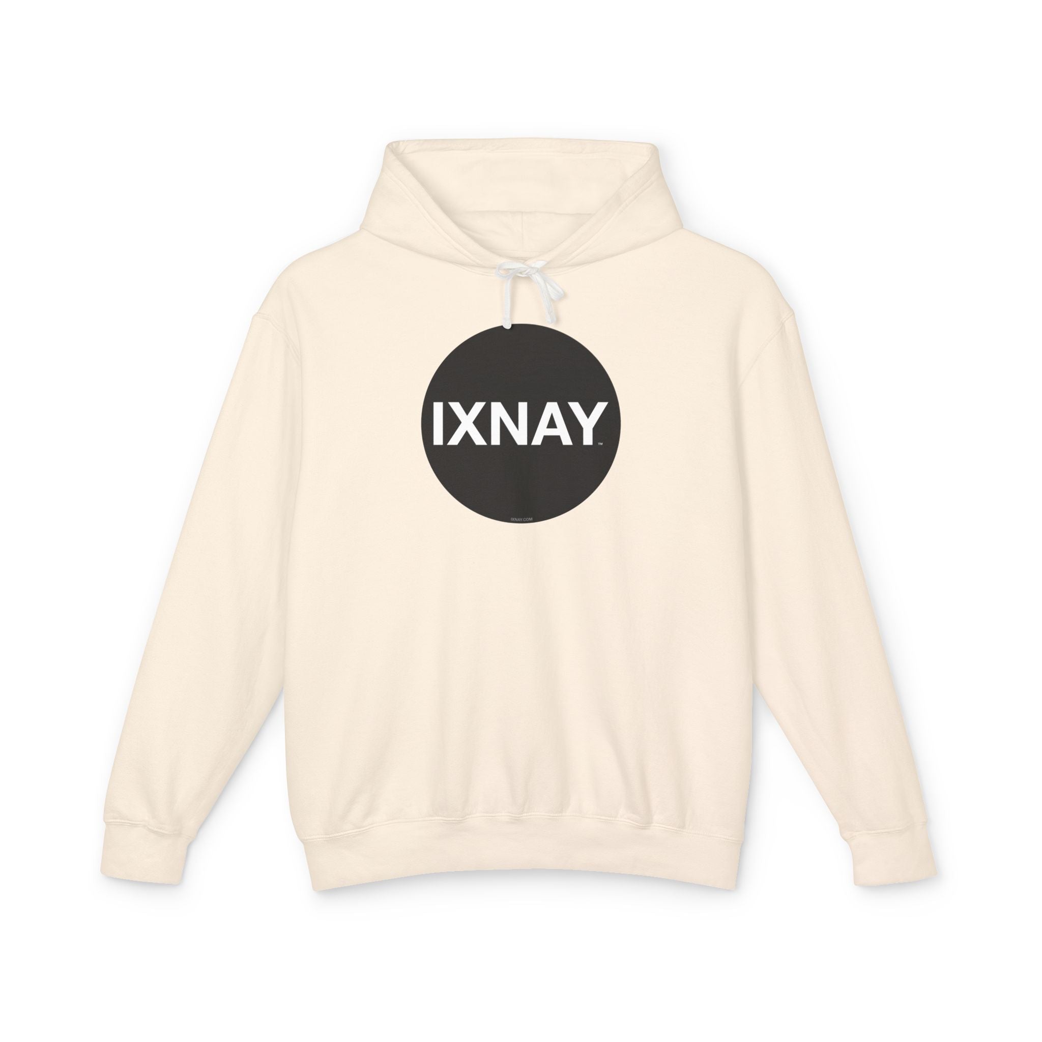 A product shot of a white hoodie in ivory, with a circular black logo that has the word 'IXNAY' in white.