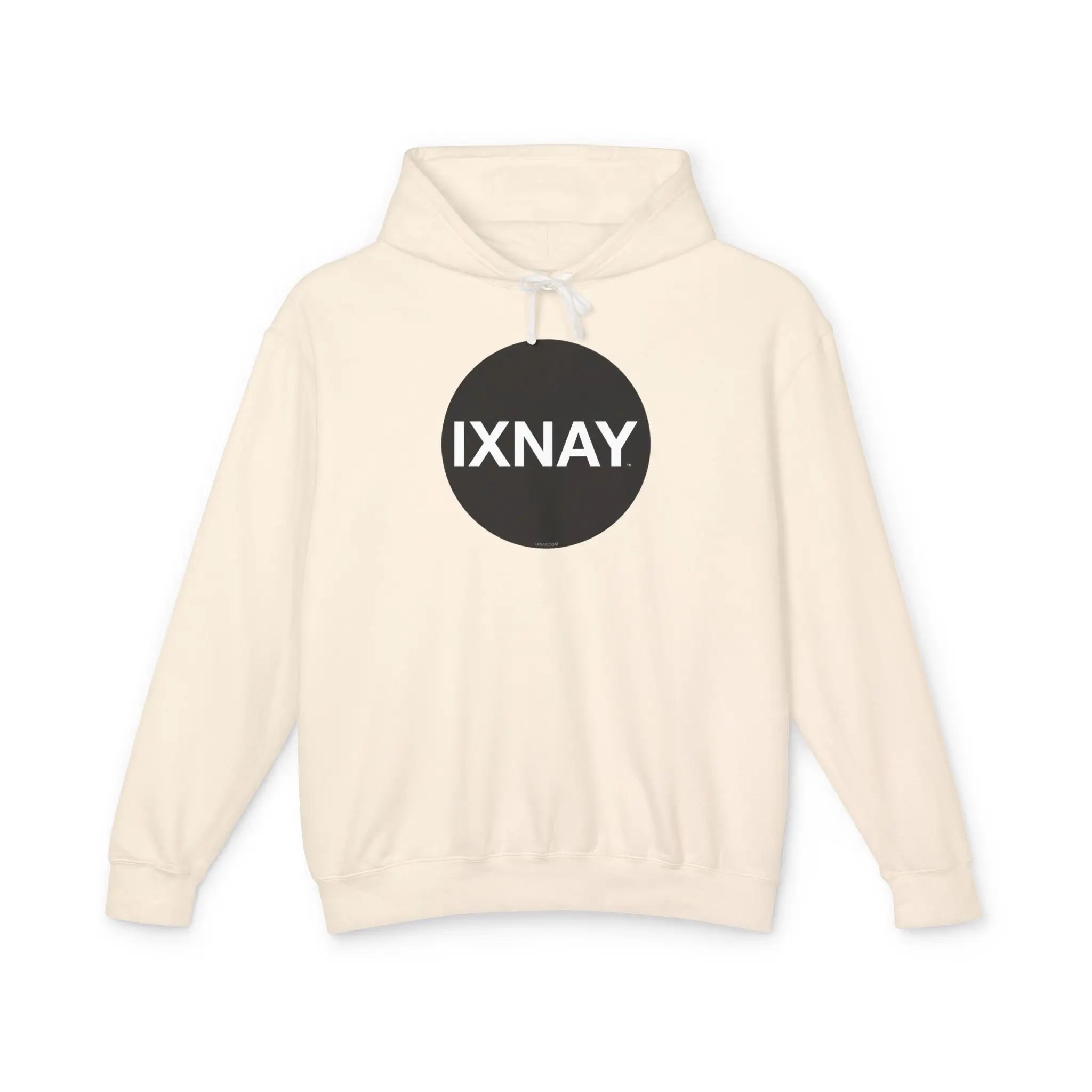 Women's lightweight ivory white hoodie with original IXNAY circular black logo in 100% cotton.