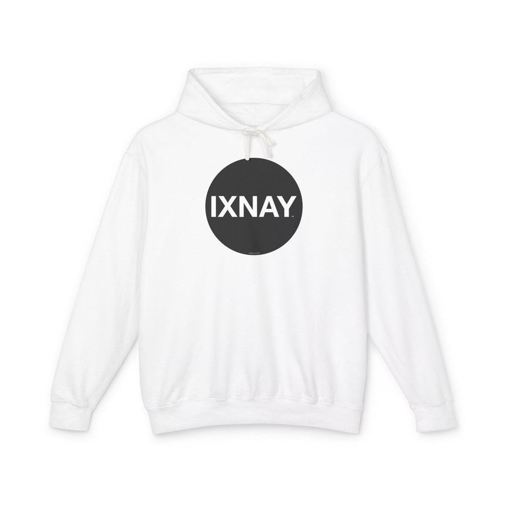 A product shot of a white hoodie, with a circular black logo that has the word 'IXNAY' in white.