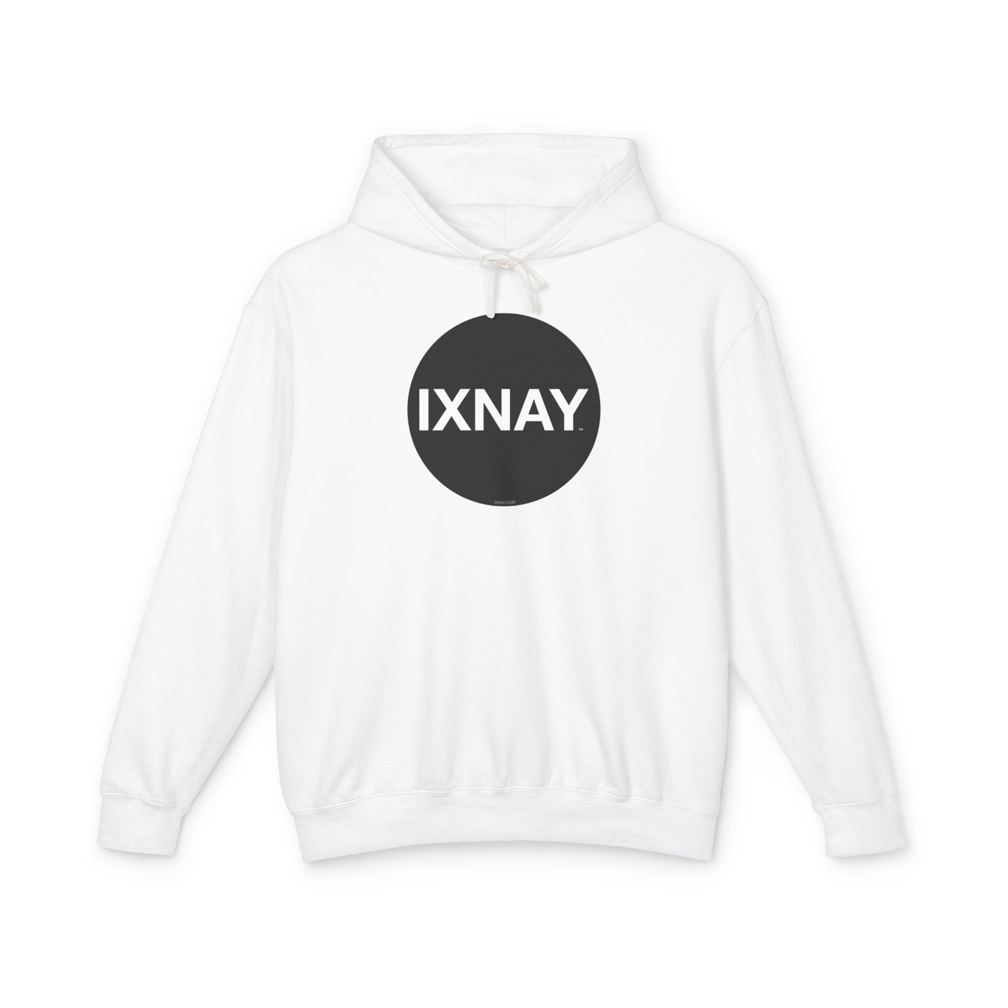 A product shot of a white hoodie, with a circular black logo that has the word 'IXNAY' in white.