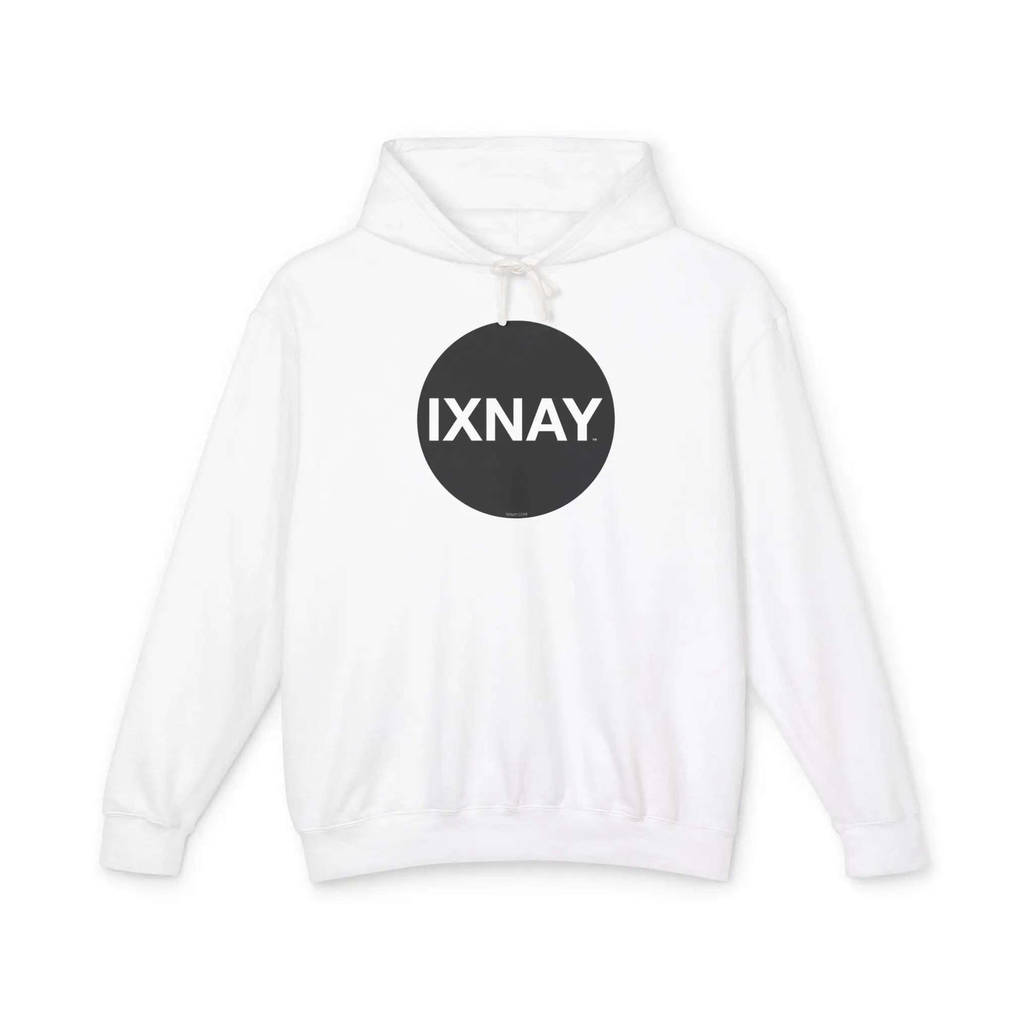 Women's lightweight white hoodie with original IXNAY circular black logo in 100% cotton.