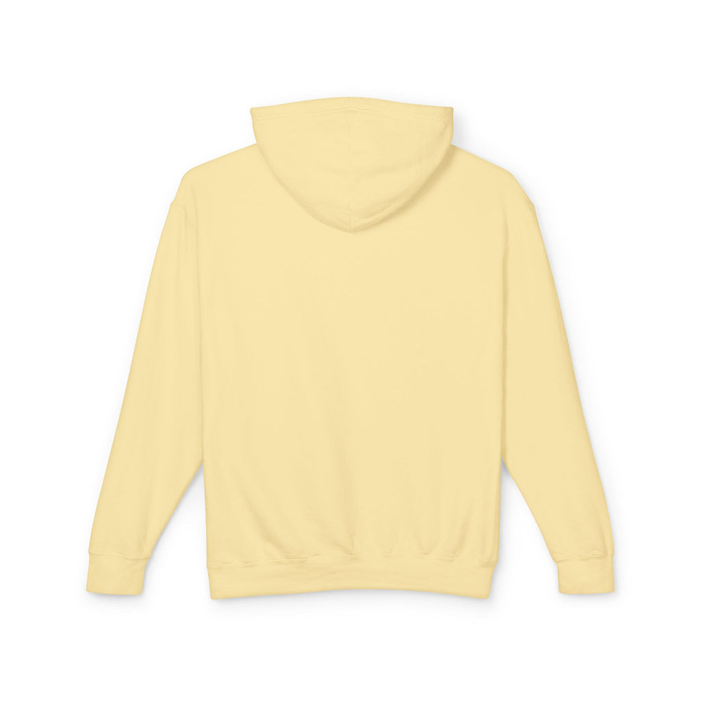 A product shot of the back of a yellow hoodie in butter yellow.