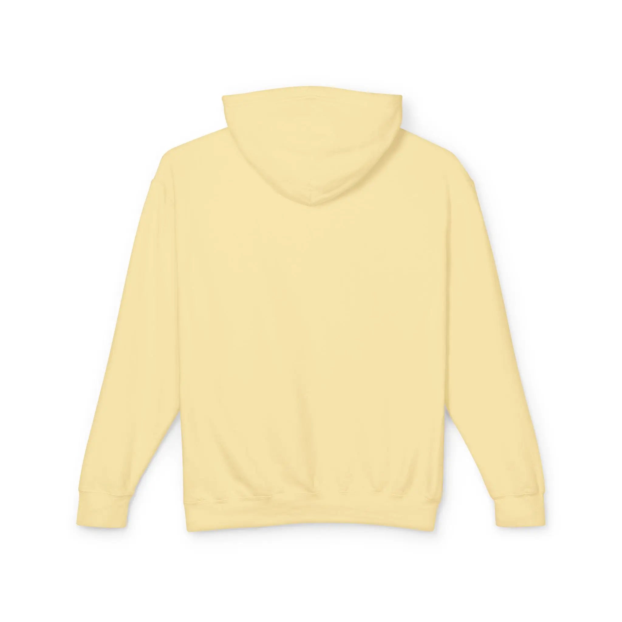 Women's lightweight butter yellow hoodie shown from the back 100% cotton.