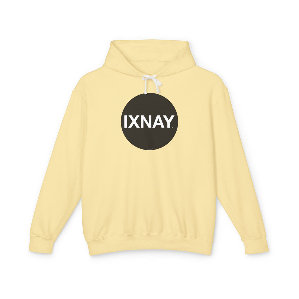 A product shot of a yellow hoodie in butter yellow, with a circular black logo that has the word 'IXNAY' in white.
