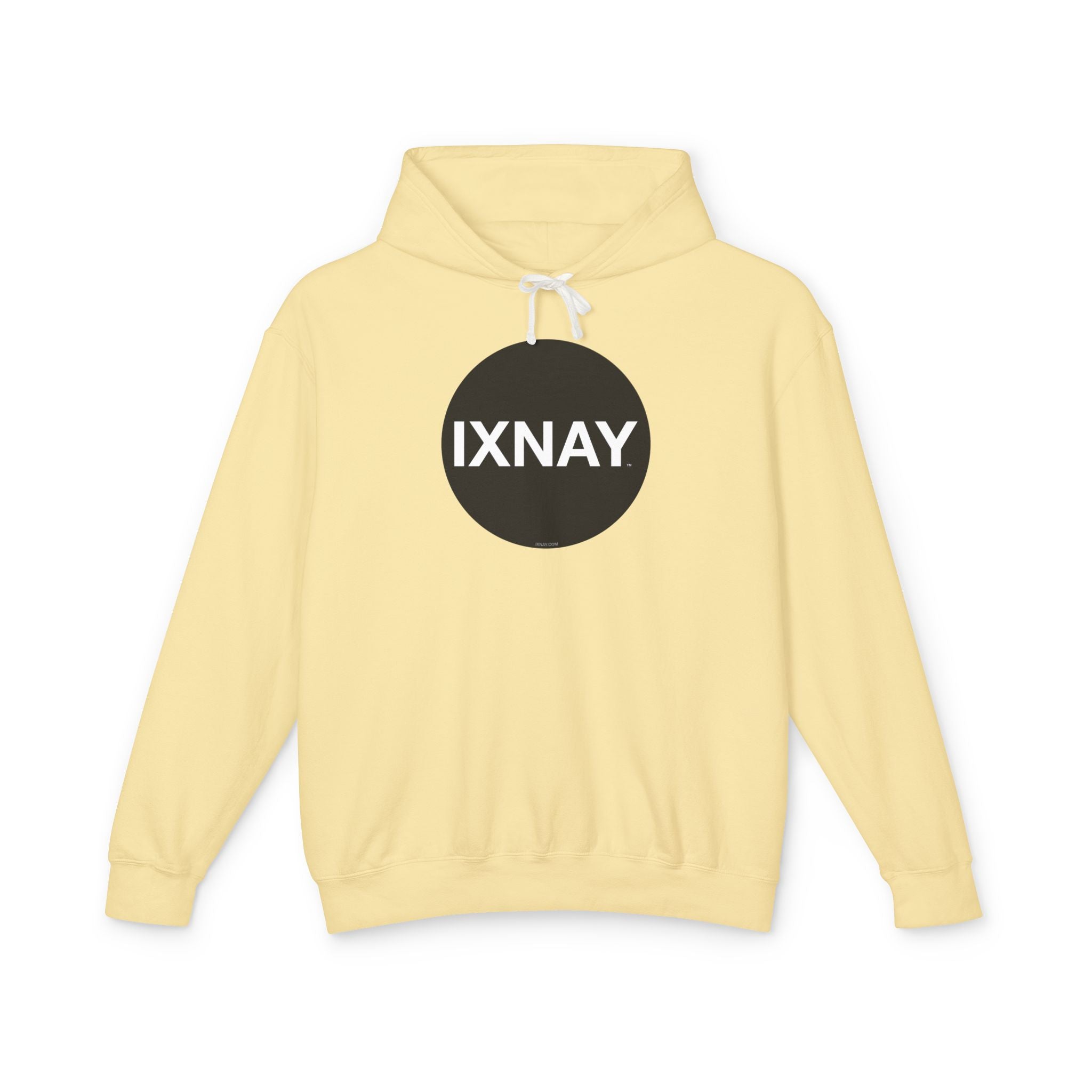 A product shot of a yellow hoodie in butter yellow, with a circular black logo that has the word 'IXNAY' in white.