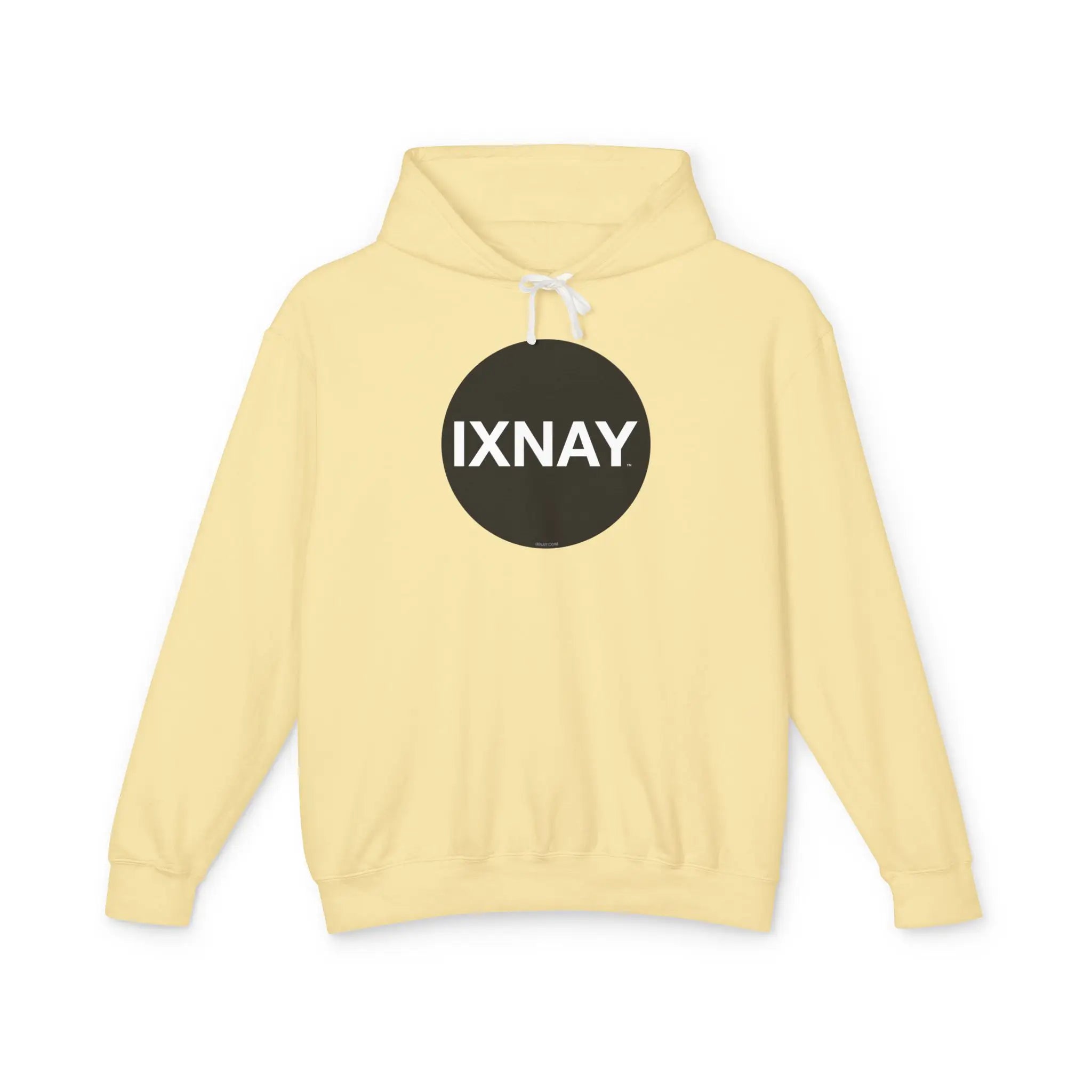 Women's lightweight butter yellow hoodie with original IXNAY circular black logo in 100% cotton.
