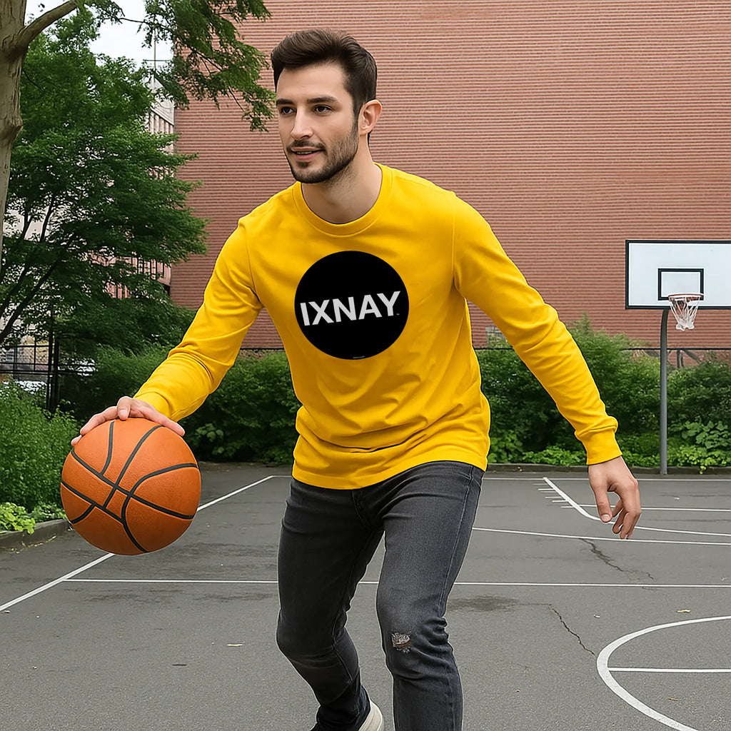 man playing basketball wearing IXNAY original logo mens unisex gold yellow long-sleeved t-shirt front, 100% cotton