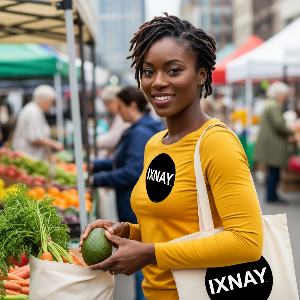 hip black woman farmers market wearing IXNAY original logo mens unisex gold yellow long-sleeved t-shirt front, 100% cotton