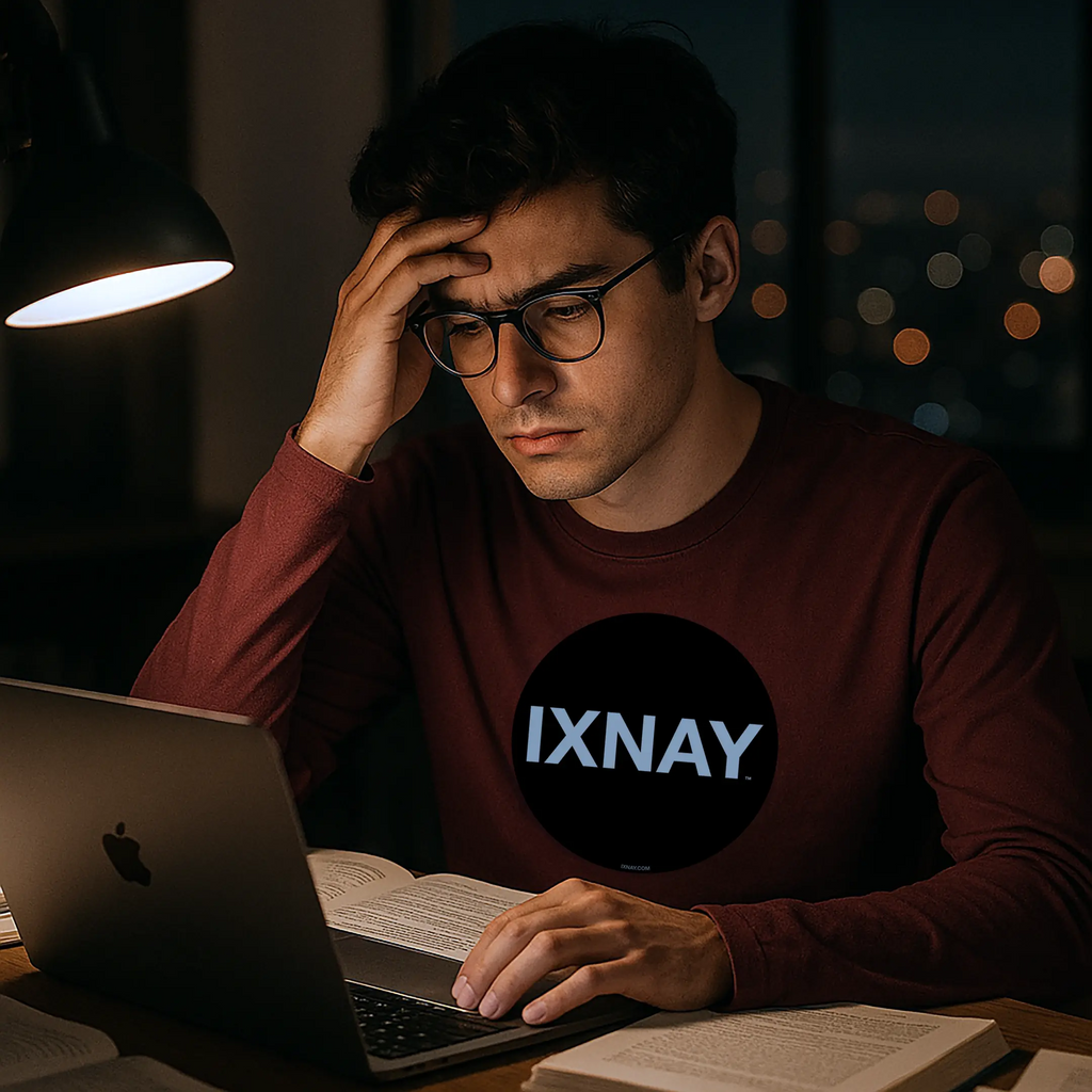 young man who is studying late night at a desk wearing maroon red IXNAY Original Logo 100% cotton long-sleeved t-shirt