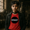 young man in steam punk outfit with industrial goggles wearing red IXNAY Original Logo 100% cotton long-sleeved t-shirt