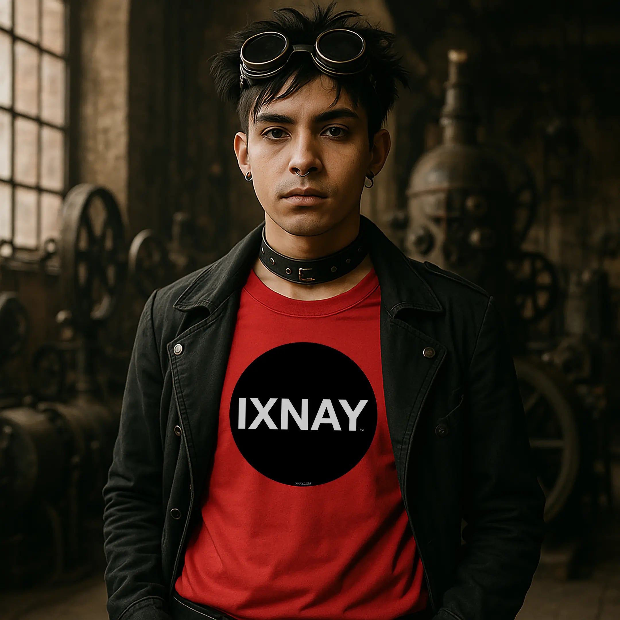 young man in steam punk outfit with industrial goggles wearing red IXNAY Original Logo 100% cotton long-sleeved t-shirt