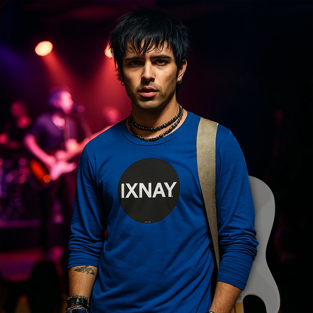 young guitar player exiting night club stage wearing royal blue IXNAY Original Logo 100% cotton long-sleeved t-shirt