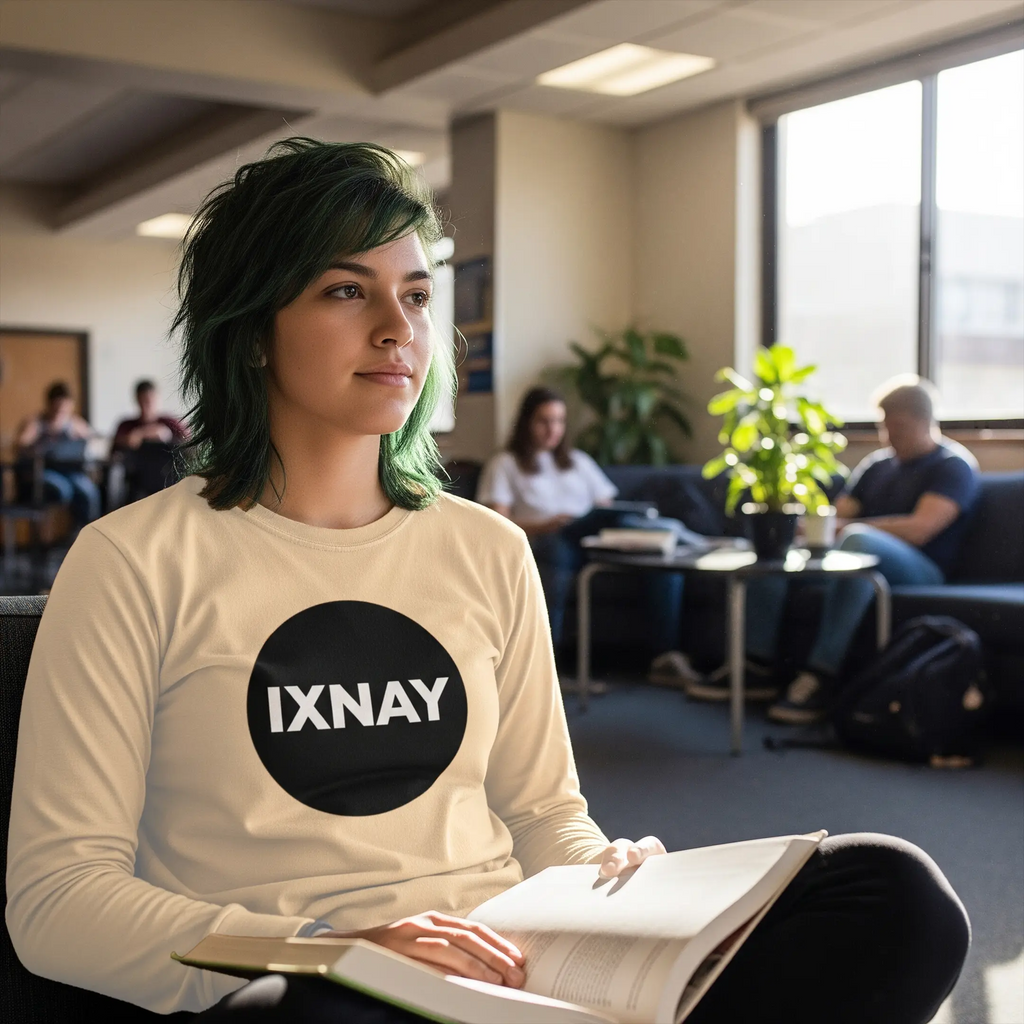 girl studying in common wearing IXNAY original logo mens unisex beige long-sleeved t-shirt front - 100% cotton, high quality