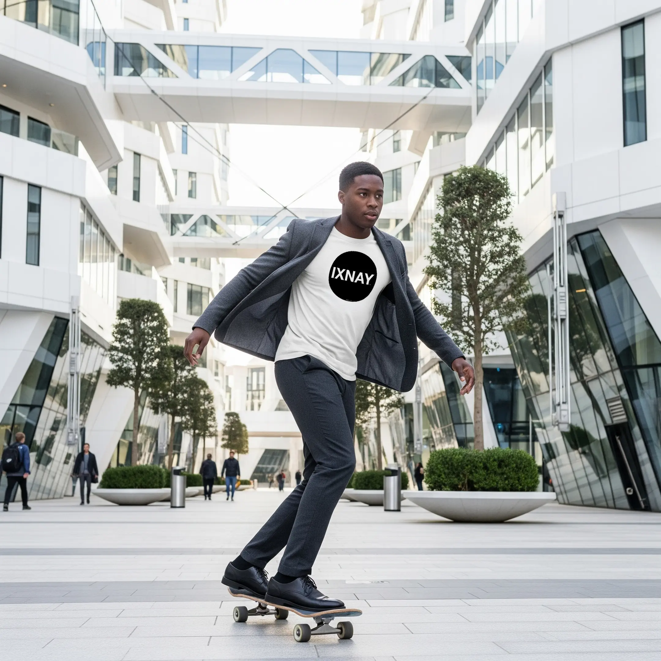 man skateboarding to work wearing IXNAY original logo mens unisex white long-sleeved t-shirt front, 100% cotton, high quality