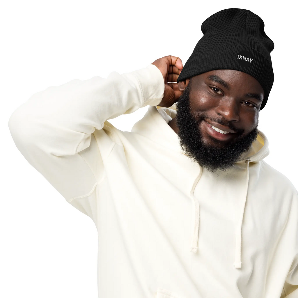 Man wearing IXNAY Original Logo 100% organic ribbed beanie in black