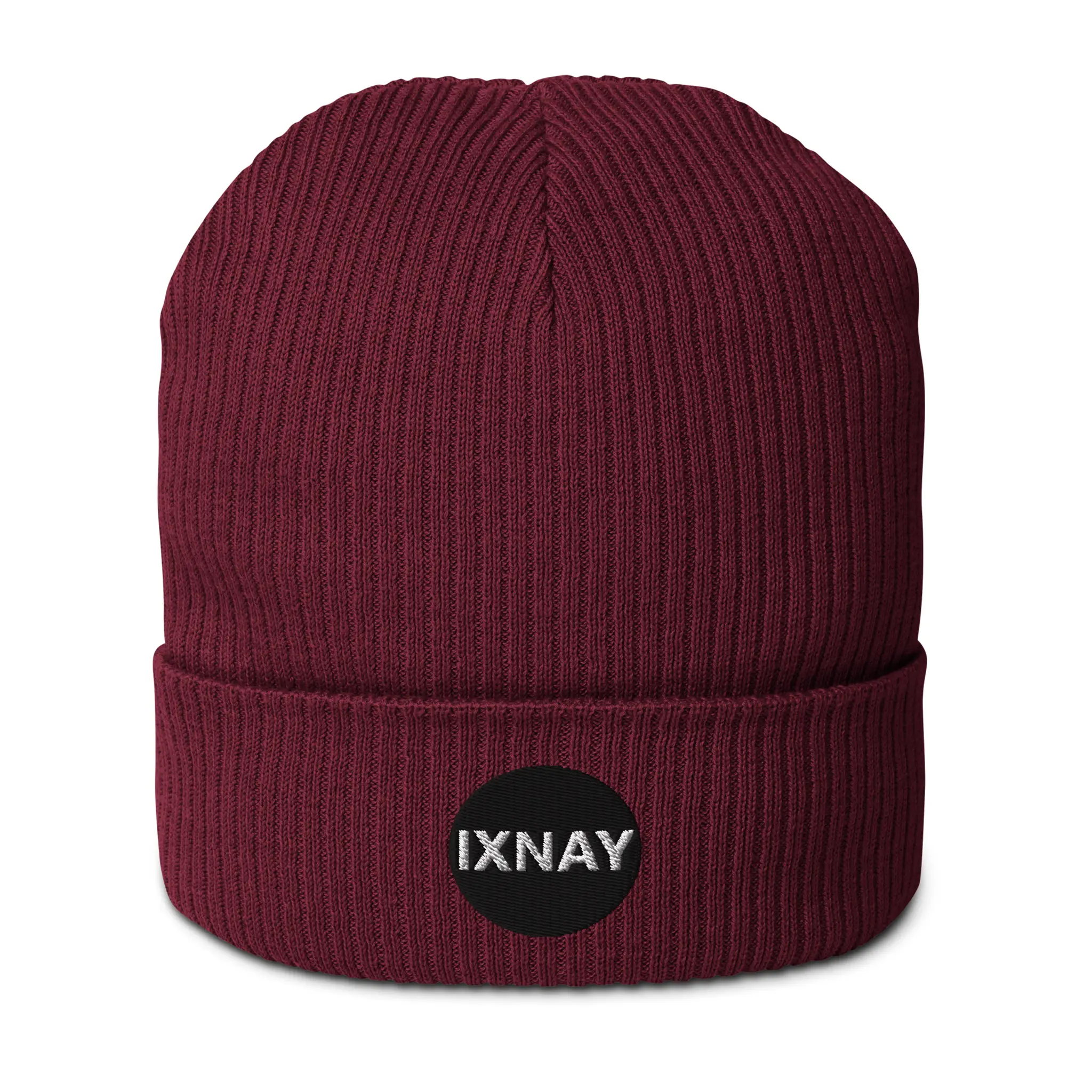 IXNAY Original Logo 100% organic ribbed beanie burgundy red front main view