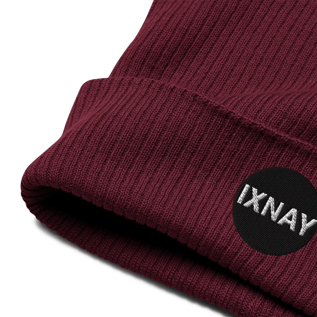 IXNAY Original Logo 100% organic ribbed beanie burgundy red product logo detail