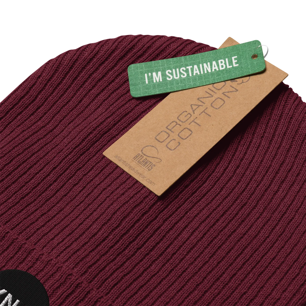 IXNAY Original Logo 100% organic ribbed beanie burgundy red sustainable certification detail view