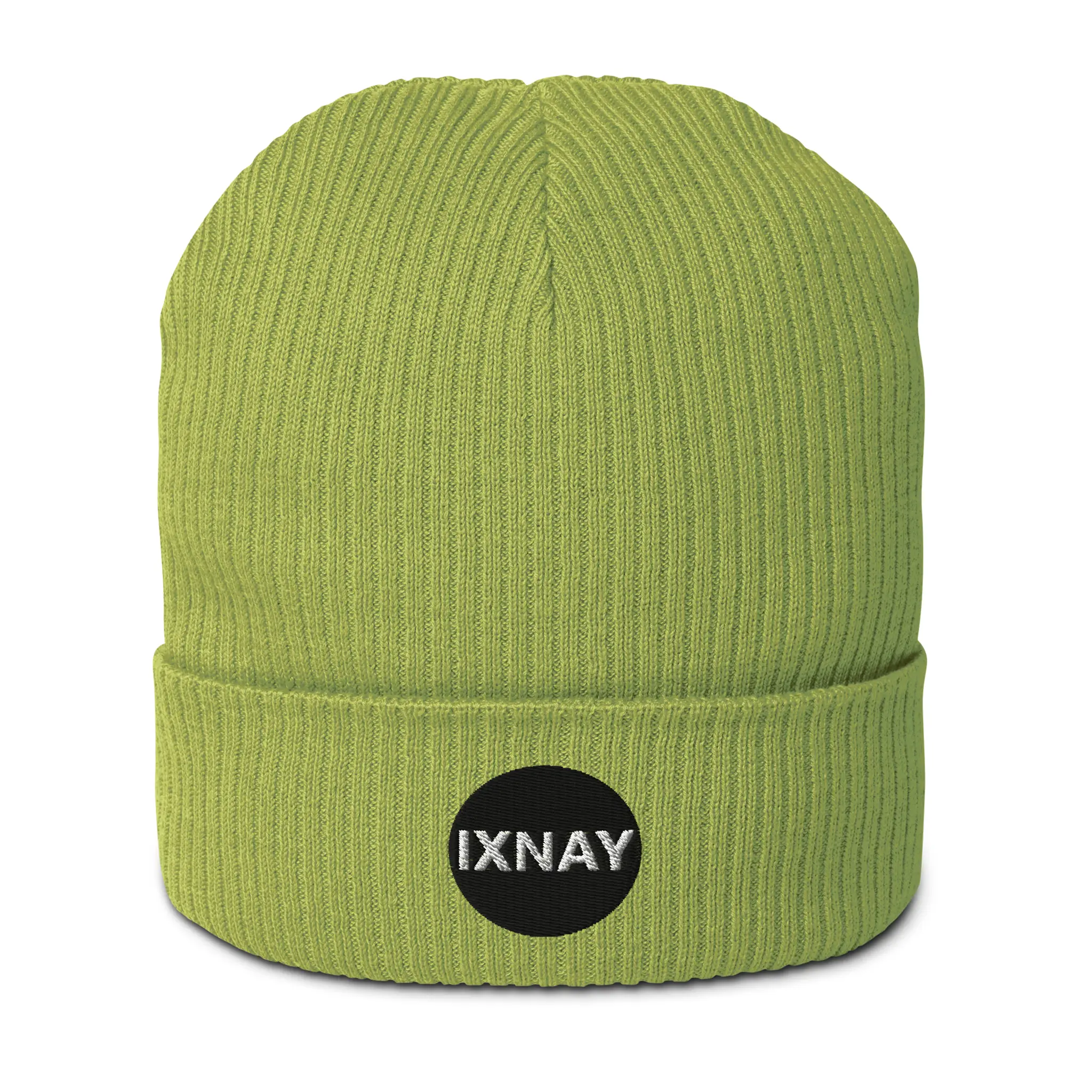 IXNAY Original Logo 100% organic ribbed beanie in leaf green main front view