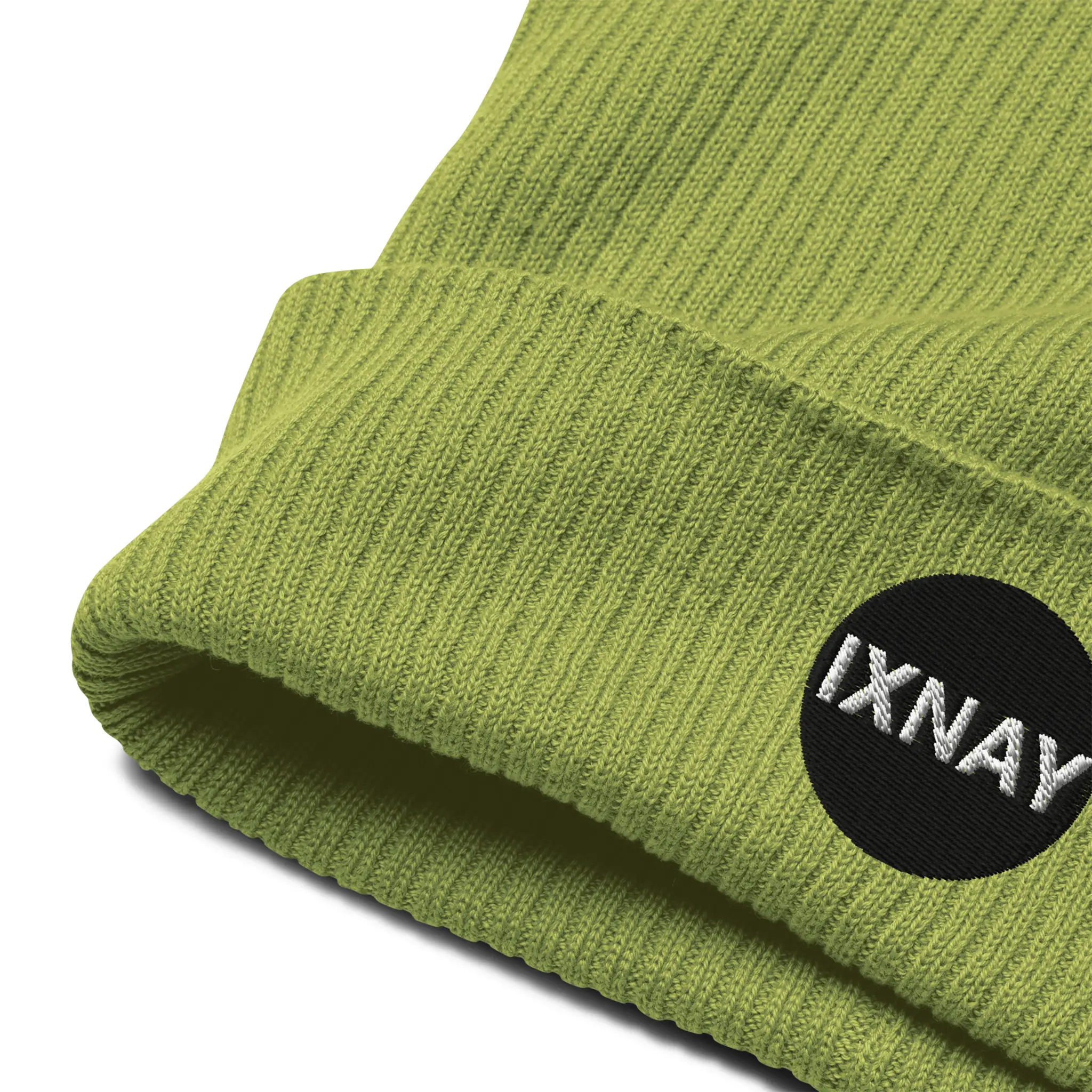 IXNAY Original Logo 100% organic ribbed beanie in leaf green product logo detail view