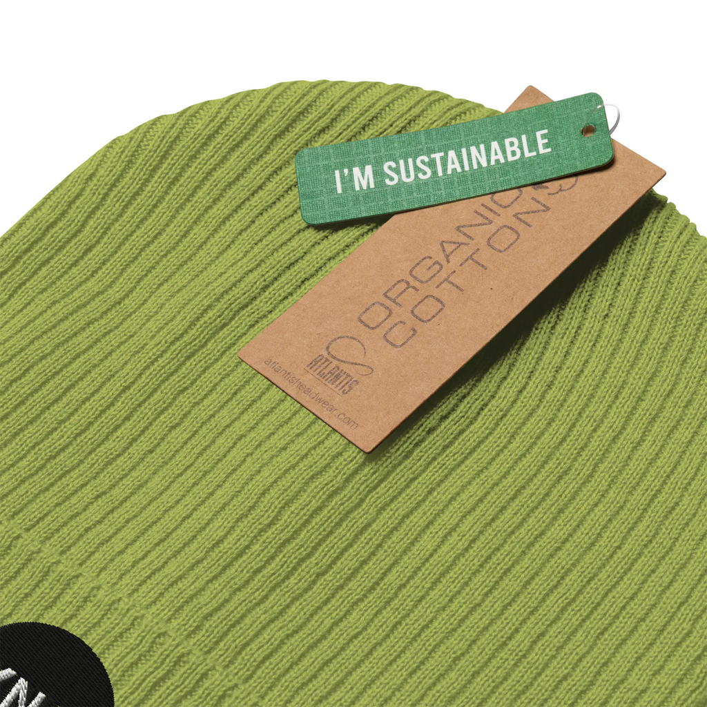 IXNAY Original Logo 100% organic ribbed beanie in leaf green sustainable certification tag detail view