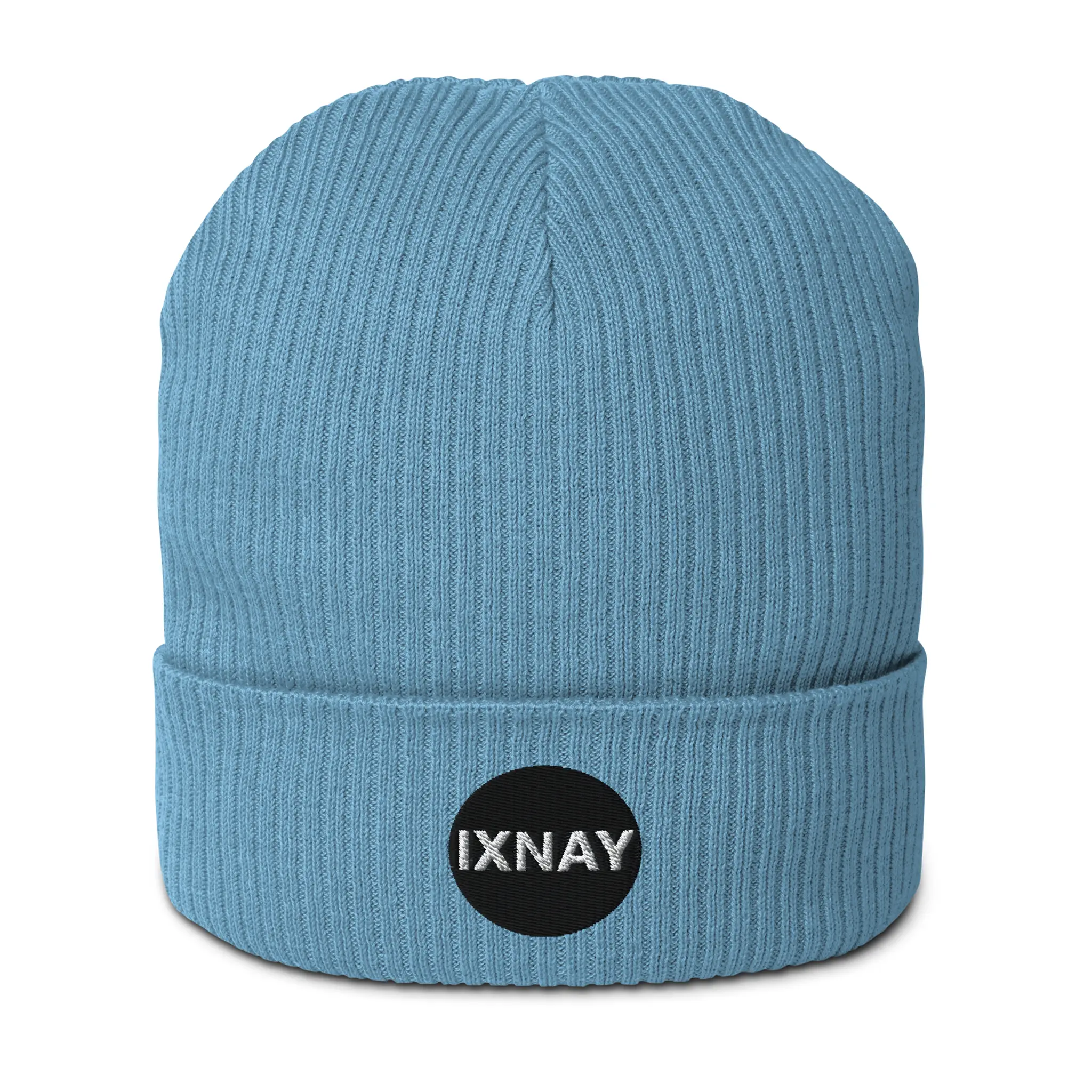 IXNAY Original Logo 100% organic ribbed beanie light blue front view