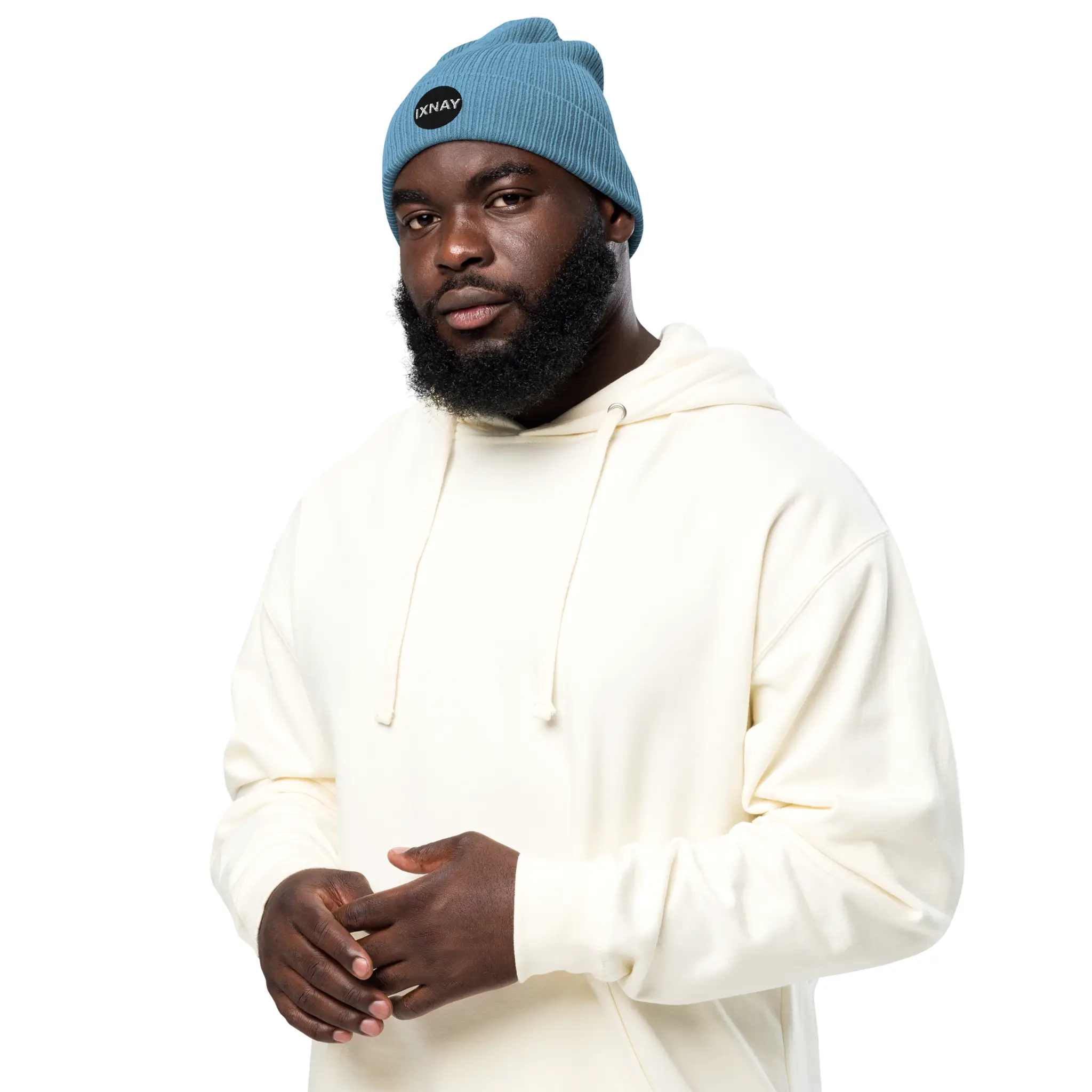 Man wearing IXNAY Original Logo 100% organic ribbed beanie in light blue