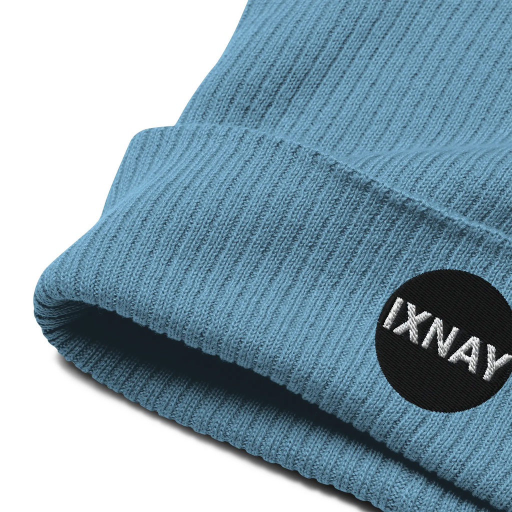 IXNAY Original Logo 100% organic ribbed beanie light blue product logo detail view