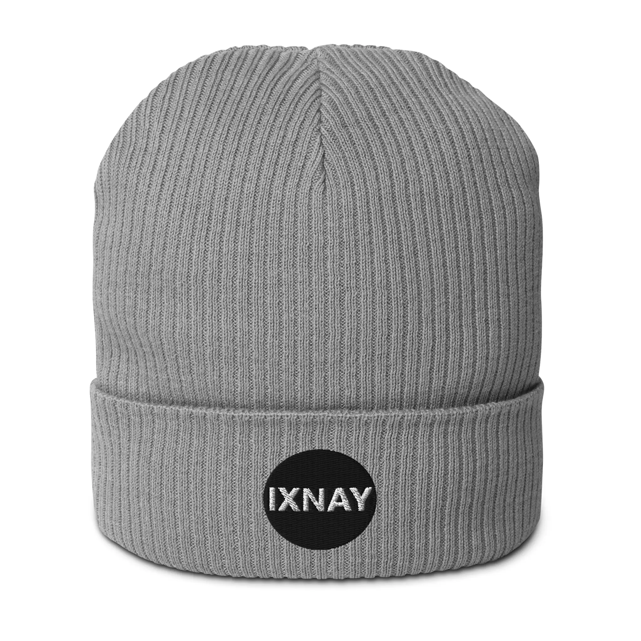 IXNAY Original Logo 100% organic ribbed beanie light gray front view
