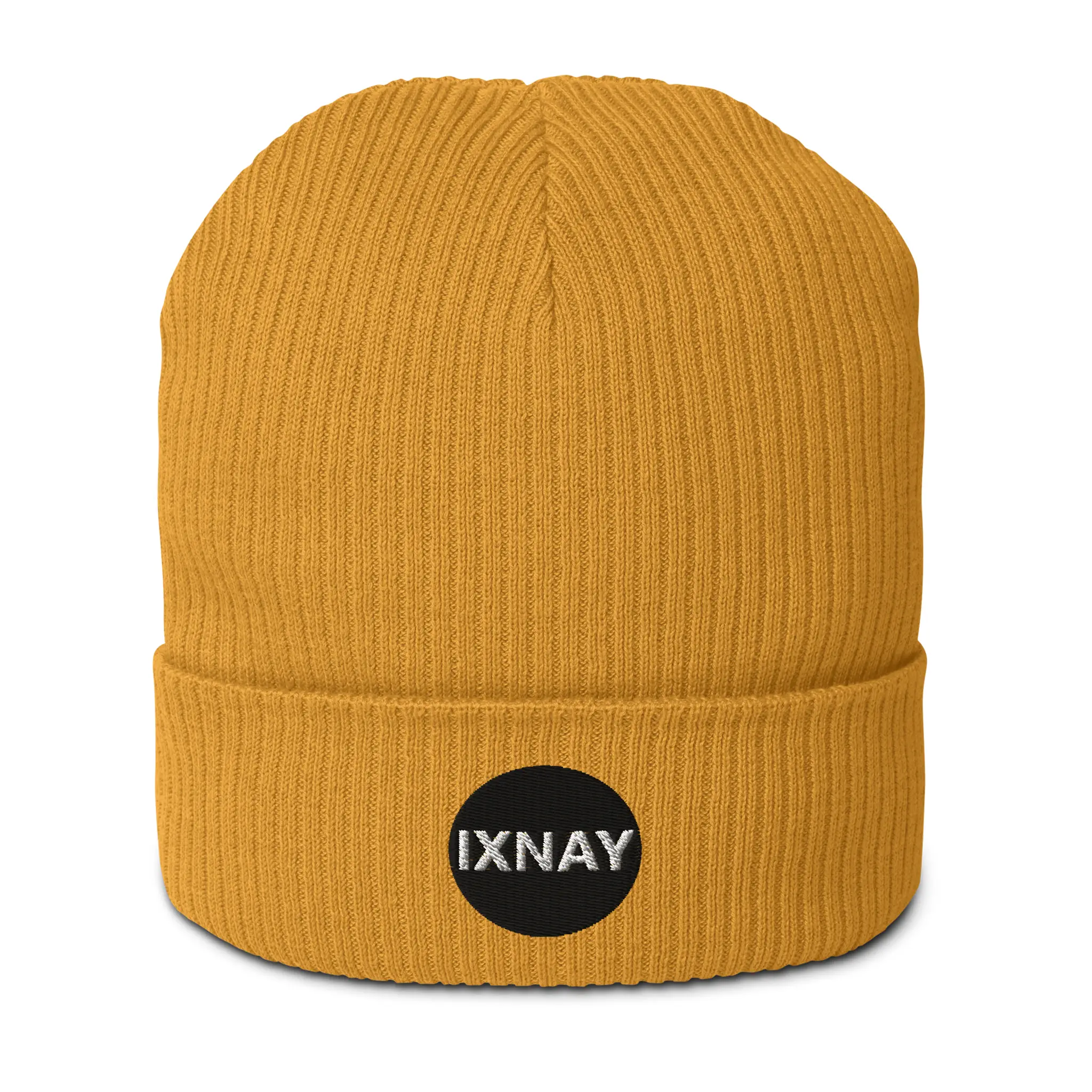 IXNAY Original Logo 100% organic ribbed beanie in mustard yellow front main view