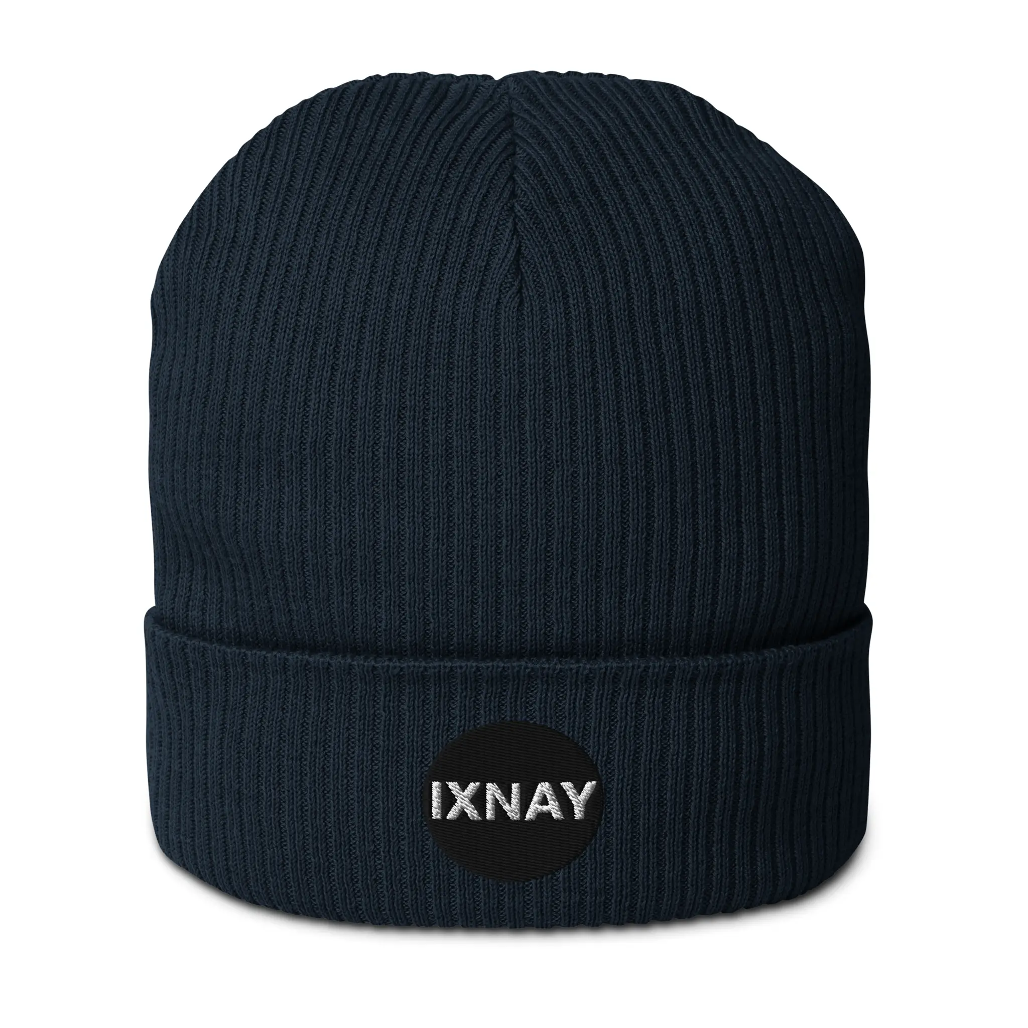 IXNAY Original Logo 100% organic ribbed beanie navy blue front view