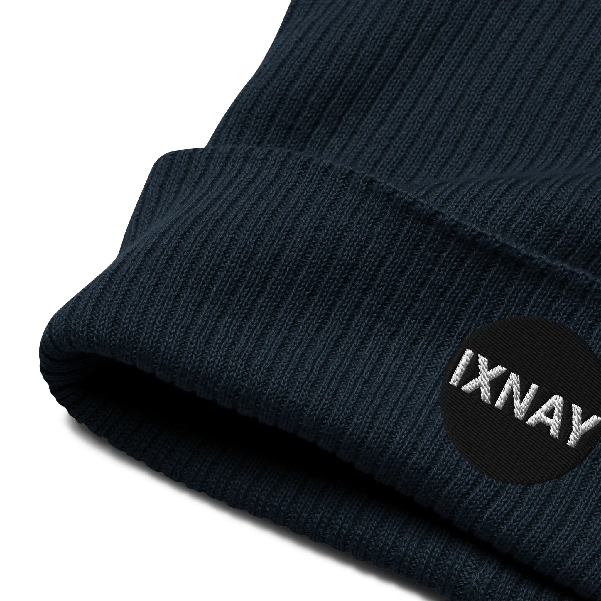 IXNAY Original Logo 100% organic ribbed beanie navy blue product logo detail
