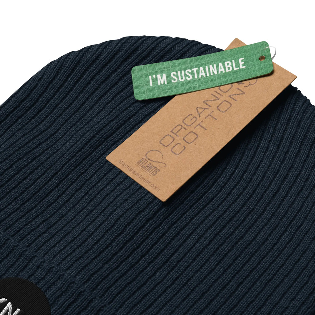 IXNAY Original Logo 100% organic ribbed beanie navy blue sustainable certification tag