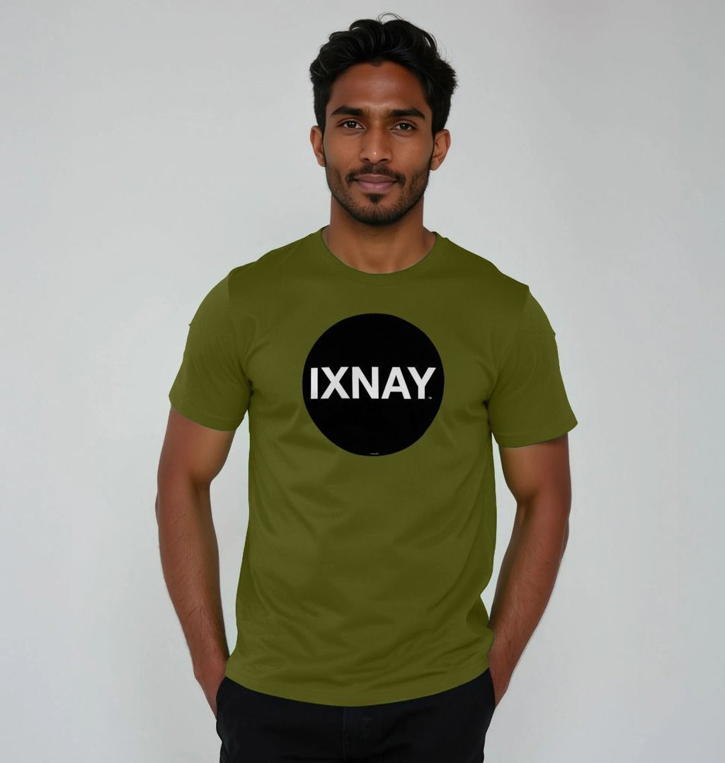 A man models a moss green t-shirt with a black circular logo that reads 'IXNAY' on the front.