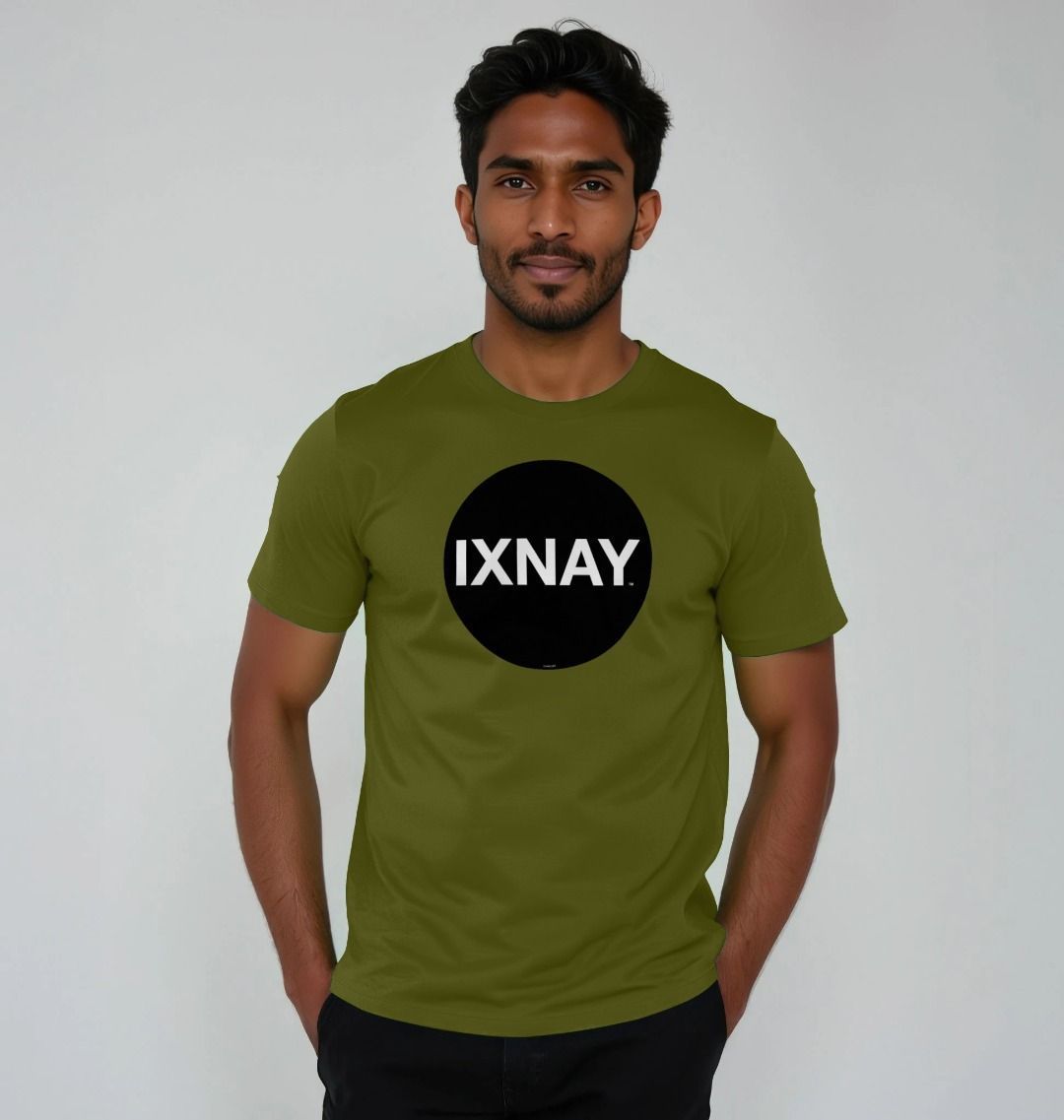 A man models a moss green t-shirt with a black circular logo that reads 'IXNAY' on the front.