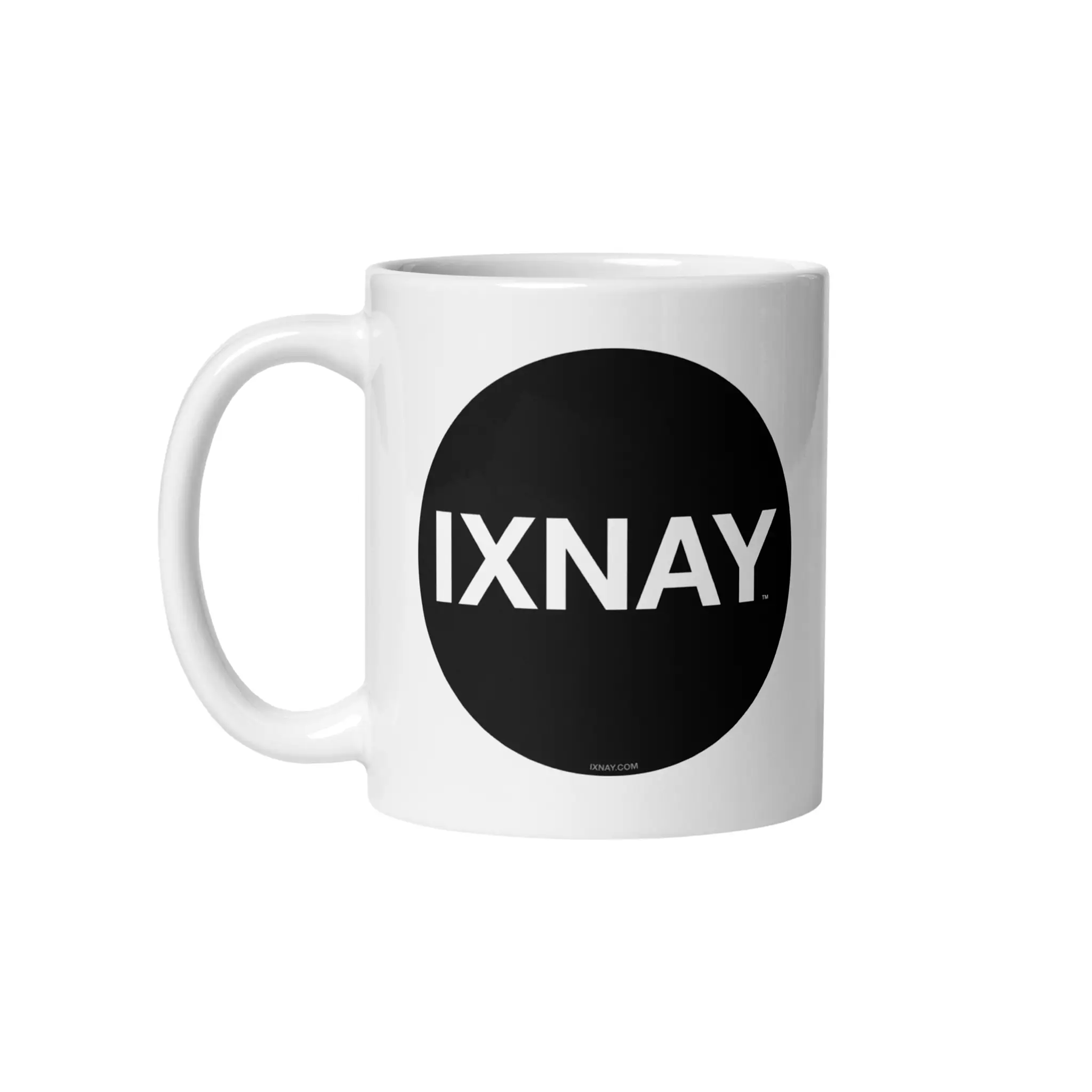 High quality 11 ounce ceramic white mug with handle extended to the left featuring the IXNAY Original Logo.