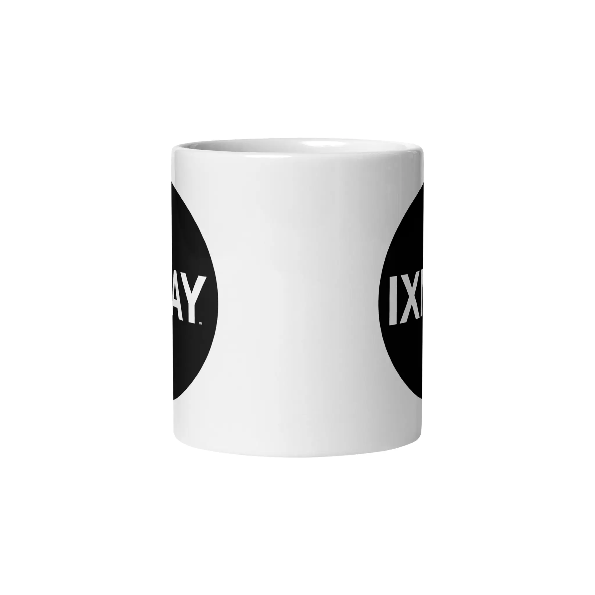 High quality 11 ounce ceramic white mug with handle extended to the rear featuring the IXNAY Original Logo on two sides.