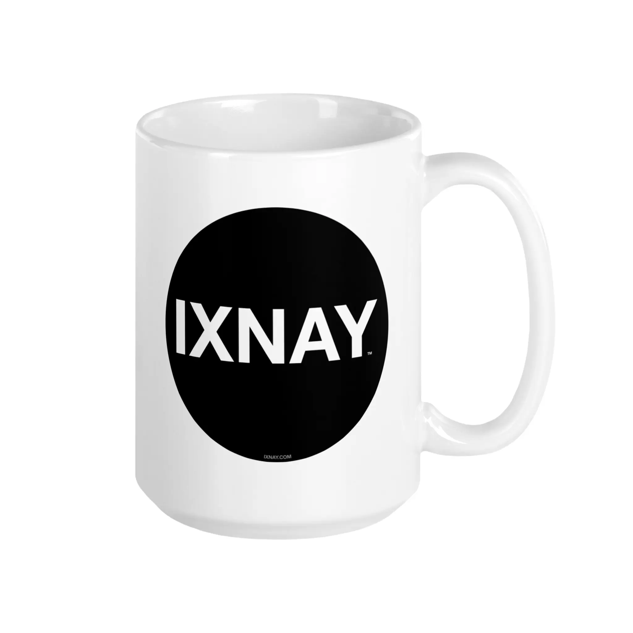 High quality 15 ounce ceramic white mug with handle extended to the right featuring the IXNAY Original Logo.