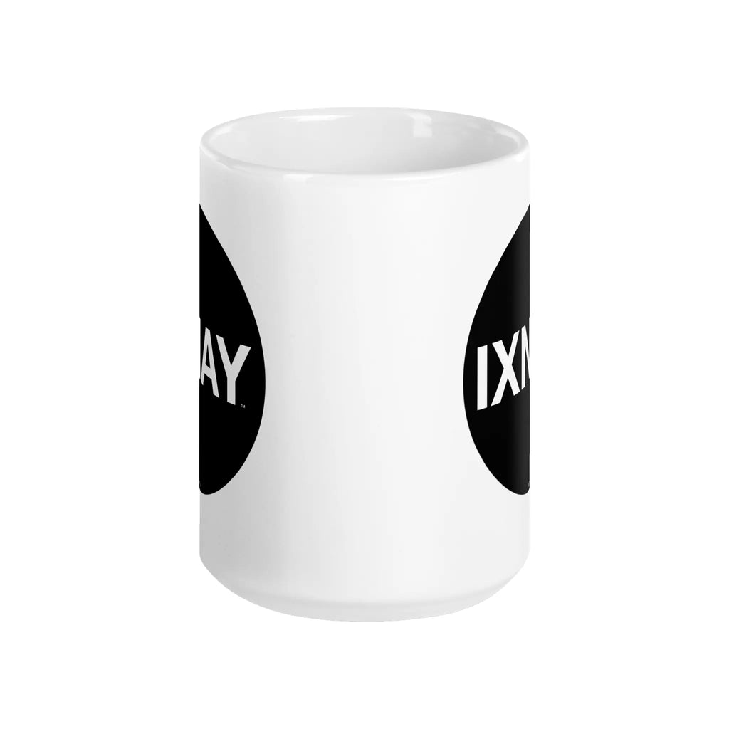 High quality 15 ounce ceramic white mug with handle extended to the rear featuring the IXNAY Original Logo on two sides.