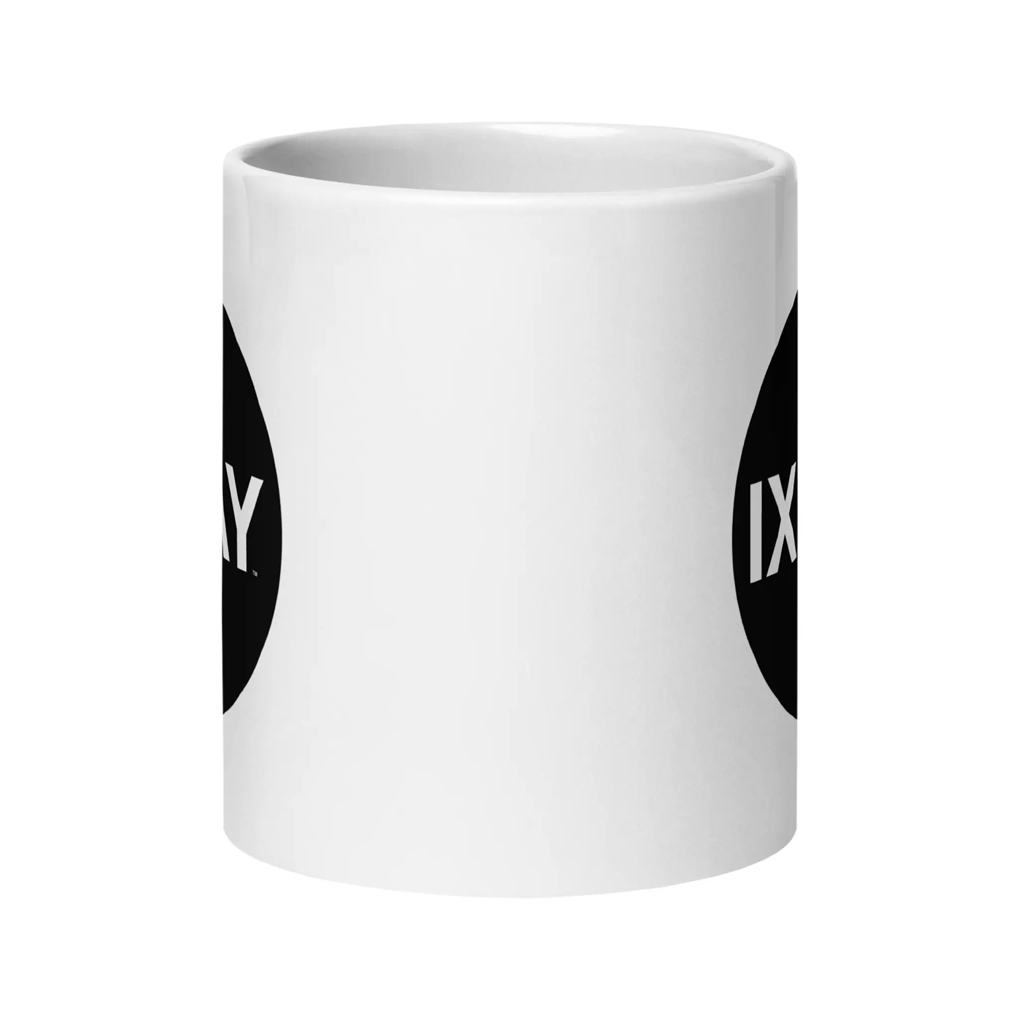 High quality 20 ounce ceramic white mug with handle extended to the rear featuring the IXNAY Original Logo on two sides.