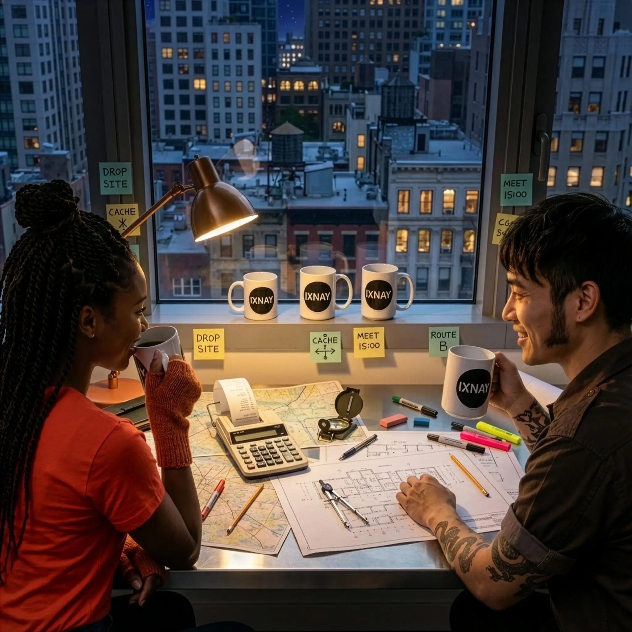 Two people sitting at a desk with IXNAY Original Logo coffee mugs and cityscape view making mysterious plans involving maps and blueprints.