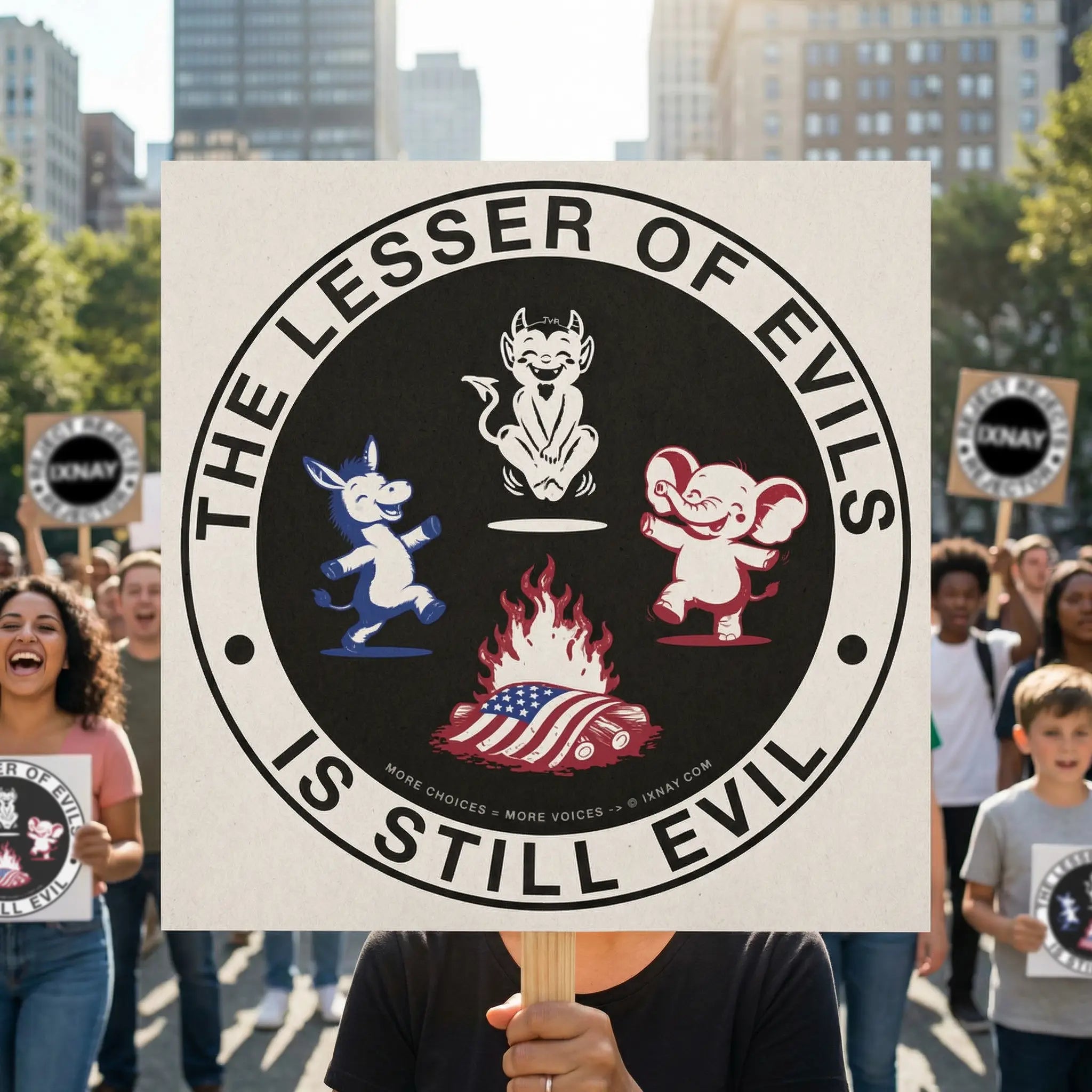 Protestor holding IXNAY The Lesser of Evils is Still Evil matte paper poster 18x18 inches that she's made into a protest sign.