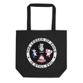 Black organic cotton tote bag with IXNAY's The Lesser of Evil is Still Evil graphic on front panel.