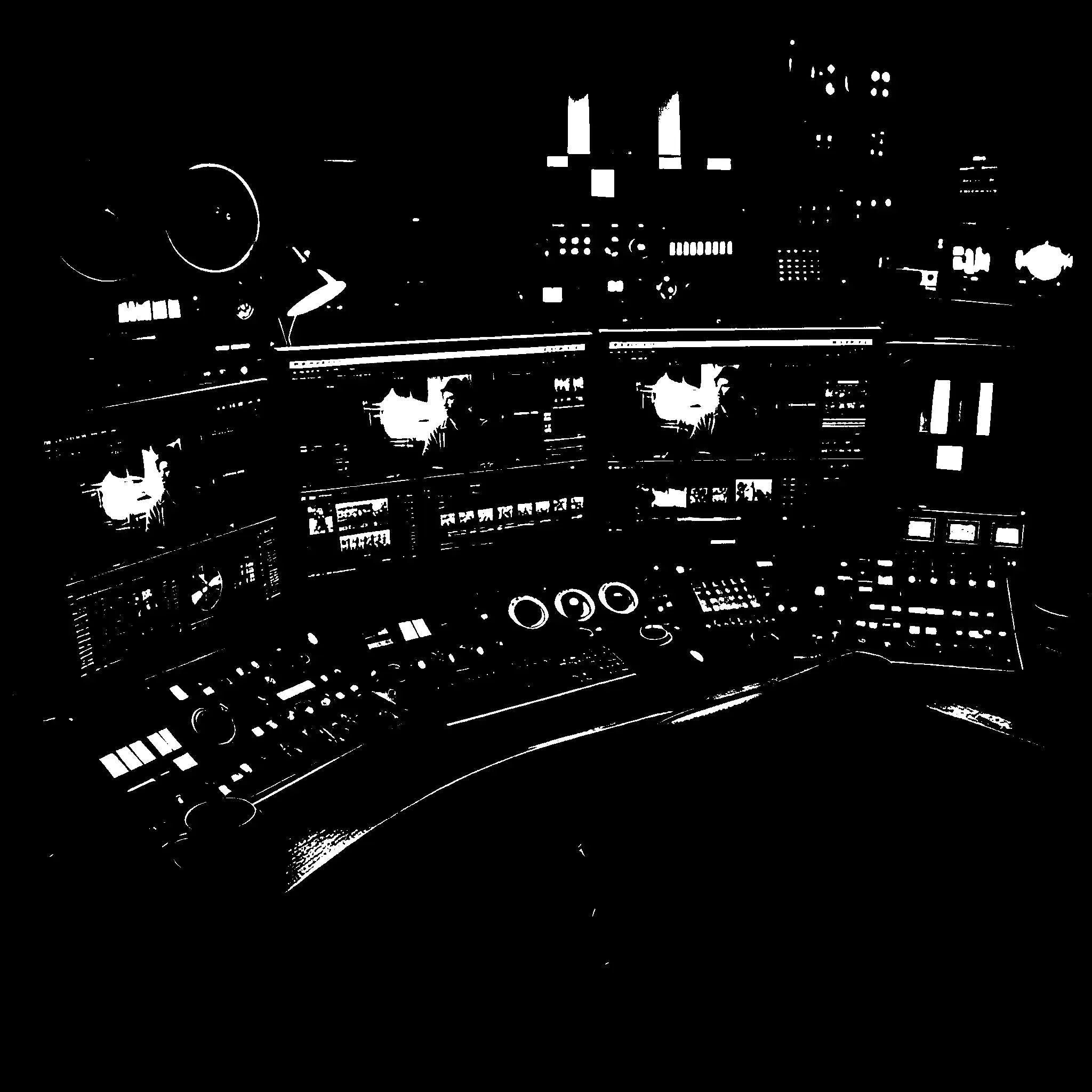 Black and white photo of IXNAY's video editing suite, deep in the IXNAY HQ.