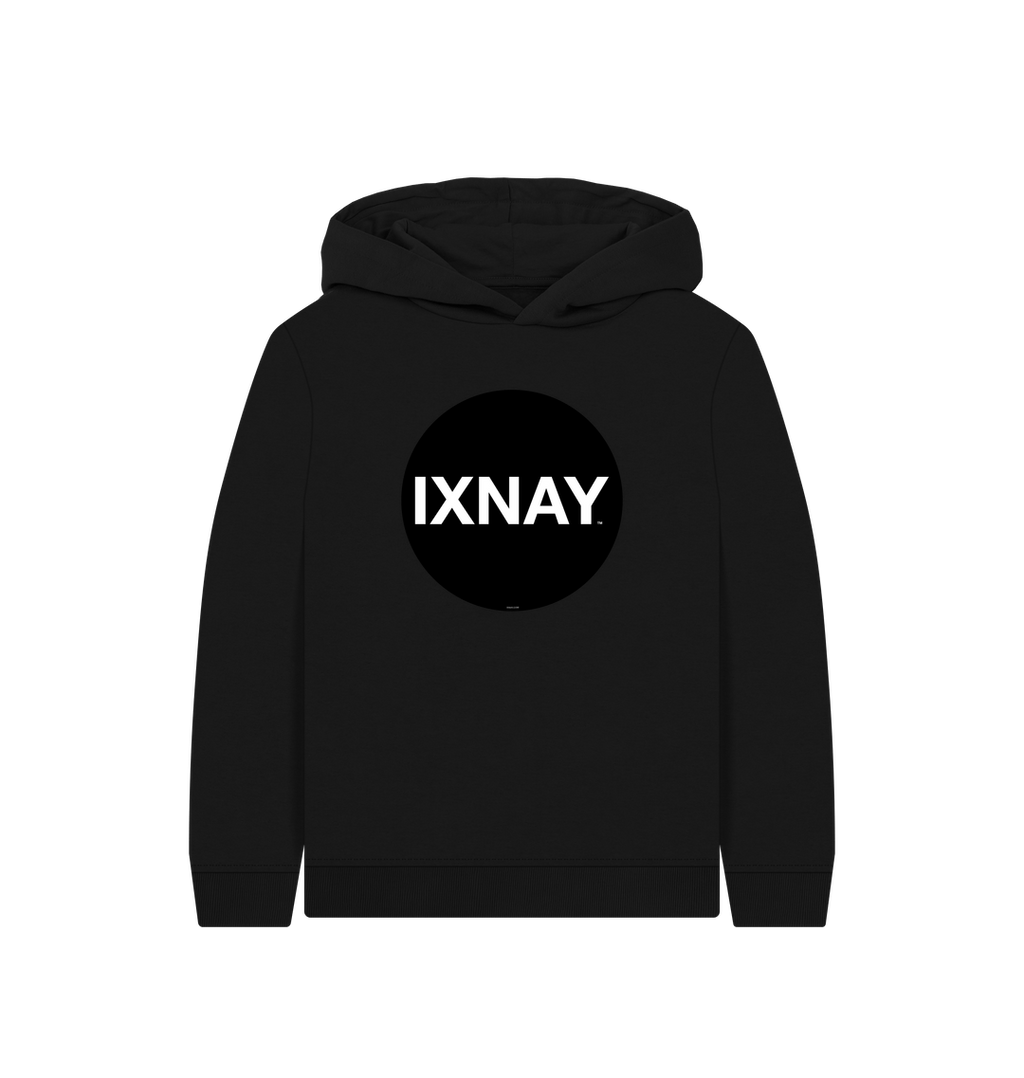 kids black organic relaxed fit pullover hoodie with original black round IXNAY logo