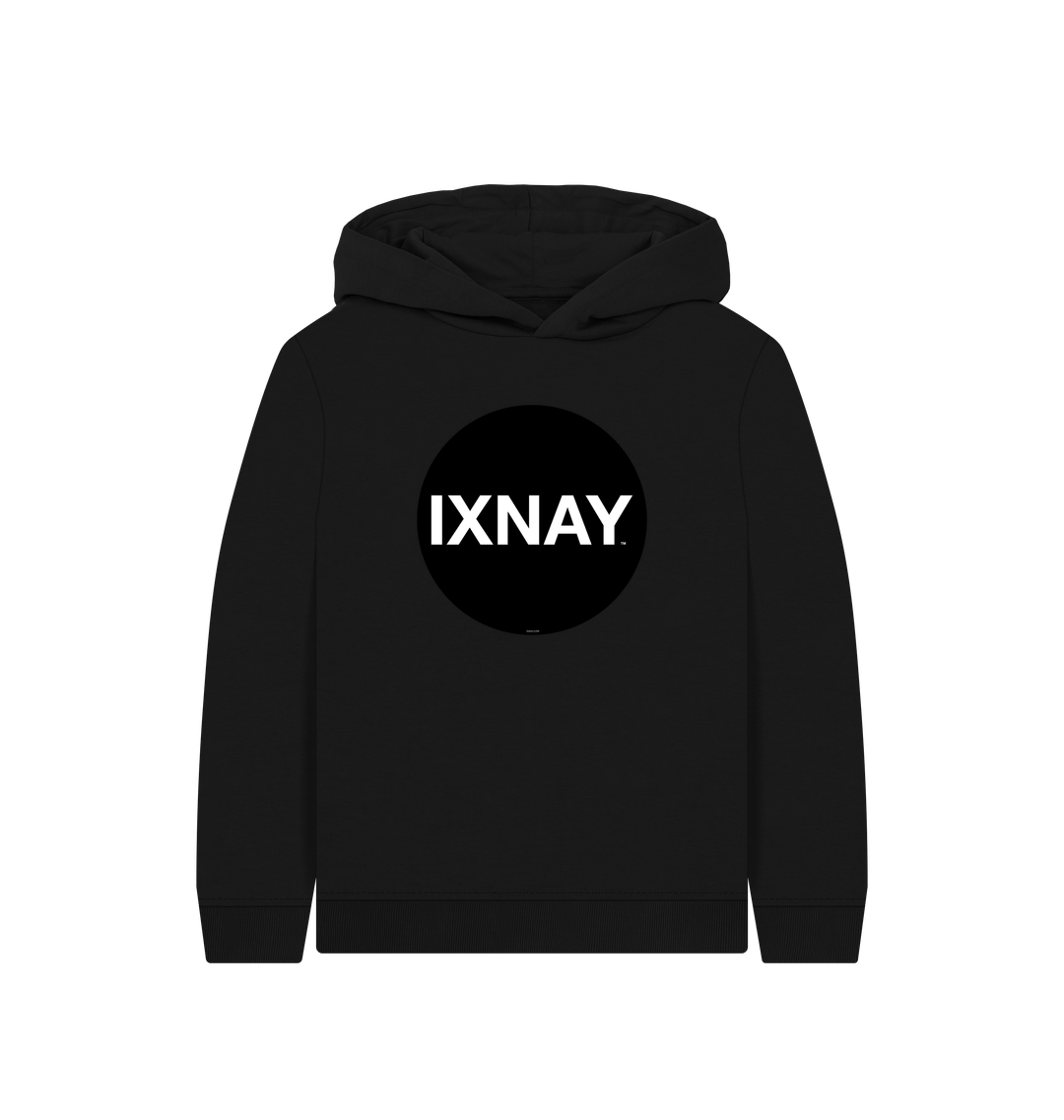 kids black organic relaxed fit pullover hoodie with original black round IXNAY logo