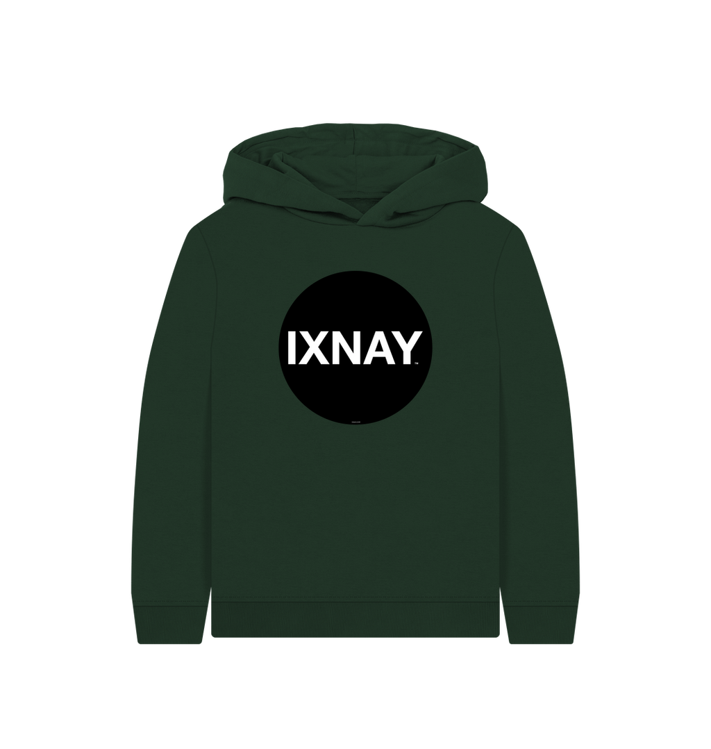 kids dark green evergreen organic relaxed fit pullover hoodie with original black round IXNAY logo